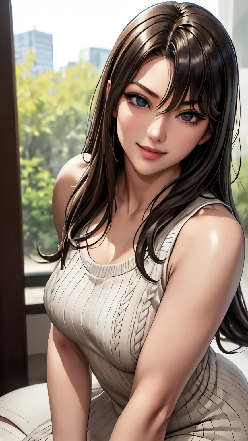 (8K, 超High resolution, highest quality, pieces fly:1.2),(26 years old:1.2)、(big smile)、(avert your eyes)、8K、Japanese girl raw portrait、超High resolution、highest quality、 (small breasts:1.5),(sleeveless knit dress:1.5)、(from below:1.2)、walk、support your chest with your hands、(Panty shot:1.2)、(city:1.4) Blake is (natural skin texture、fine skin、hyper realism、Super sharpness)、intricate details、written boundary depth、idol sculpture、actress model pose、 lady、、long black hair、Rear view、beautiful butt、star piece、highest quality、High resolution))、(1 girl)、(realistic:1.4)、alone、close your mouth、happy smile、smile happily、pretty black hair、Big eyes、Clear double eyelids、eyelash、stick out ears、long neck、Absolute area、beautiful clavicle、perfect face、bangs、pretty bangs、thin lips、Fair skin、small face、face becomes smaller、draw all the heads、look slightly upward at the camera、(look at the audience、eye highlights、light brown eyes、lip gloss chest bulge、squat、white boots、