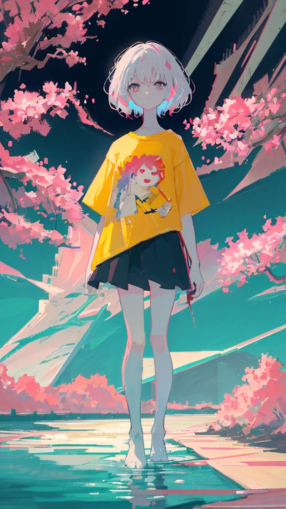 (shape: giant gram), (Flat Color:0.9),(colorful:1.1),(masterpiece:1,2), highest quality, masterpiece, High resolution, original, Highly detailed wallpaper, View your viewers,,,A Cyborg Girl,alone,Portraiture, T-Shirts, Mark Rothko & basquiat style background, oil, abstract expressionism, Expressionless,cherry blossoms,cherry blossomsの花,cherry blossoms並木,Five fingers,Standing with a good-looking face,Gray Hair,Short Bob,river,Water Play,Stand in the city,colorful,Mr.々Color