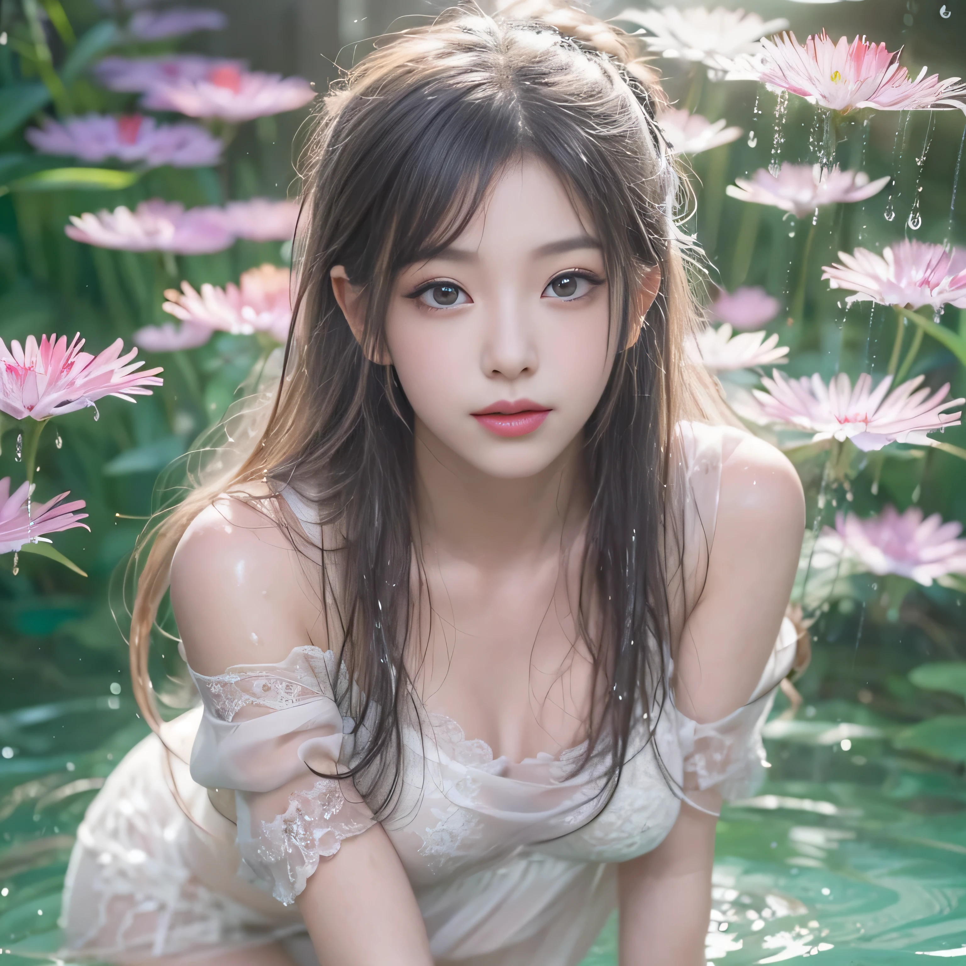 ((Beautiful woman lying in Monet's pond))、((Translucent white lace long dress))、1girl in, striated hair, Blonde hair, One side up, Shiny hair, Wet hair, Long hair, Monet, depth of fields, spark of light, letterbox, One-person viewpoint, Lens Flare, F/1.8, 135 mm, canon, wide angles, nffsw, retinas, masutepiece, Anatomically correct, Textured skin, Super Detail, high details, High quality, Best Quality, hight resolution, 1080p, hard disk、（open one's legs）、Seductive smile, glint, surrealism, Modern.((No bra))、((No panties))、（open one's legs）（shapely breasts,)、((sexypose)))、(camel's toe), tongue、Vaginal orchids、Runny Vaginal Discharge、Blowing tide、Very beautiful breasts、Grasp your breasts with both hands、 Spread your legs、sexual excitement、Sex Expressions、shinny skin。realisitic、Photorealsitic:1.37)、(Kpop Idol)、Medium Hair、(Pink blush)、(illuminating)、[[Open legs、Spread your legs apart]]、(solo)、dynamicposes、((erectile nipple))、(Puffy eyes:1.２)、 (Slim legs)、erotick、nffsw、Highly detailed ambient occlusion、超A high resolution, A hyper-realistic, Highly detailed, (yawning), ((she is soaking wet)).