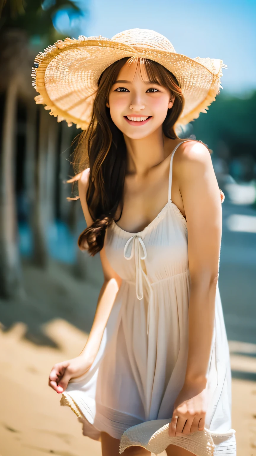 highest quality ,masterpiece,Ultra-high resolution, very beautidebtul, cute, (Photorealistic:1.4), One girl, Japanese, brown hair, Cinematic, 35mm lens, debt/ 1. 8, Accent lighting, 8k, Sundress, Straw hat, Beach Resort, smile, debtrom below, sunny