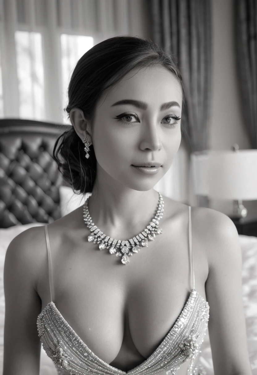 1 girl,8k, masterpiece,on bed, small Diamond necklace,black and white sexy wedding dress,cleavage of the breast,Medium breasts,White skin glows,look at viewer