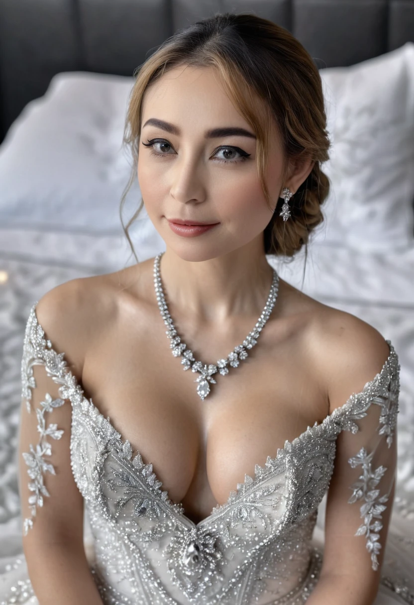 1 girl,8k, masterpiece,on bed, small Diamond necklace,black and white sexy wedding dress,cleavage of the breast,Medium breasts,White skin glows,look at viewer