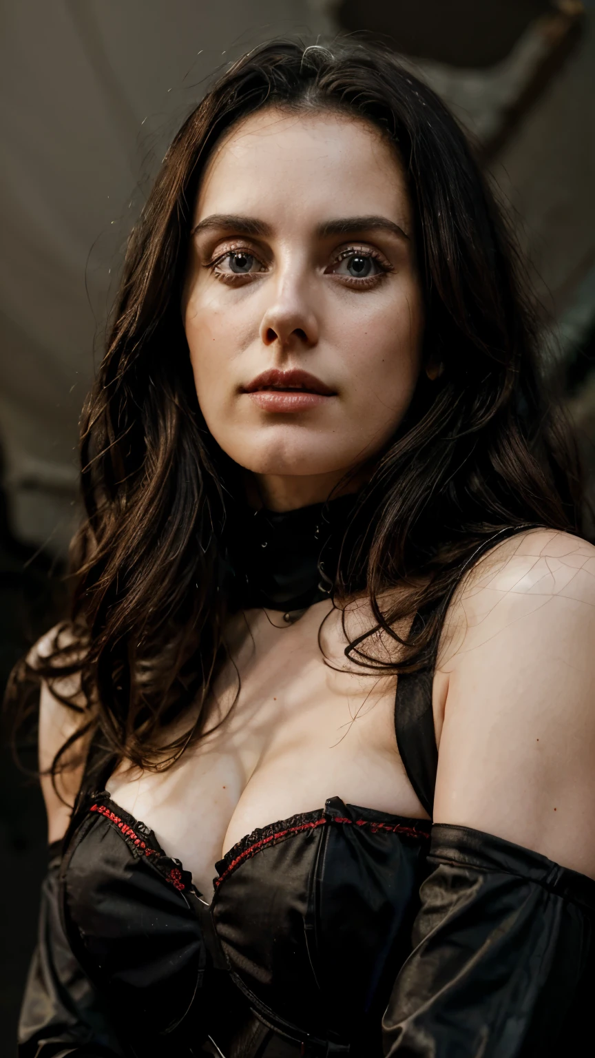 (Sharon del adel)), identical, Realistic lighting, 8k hdr, 24 anos, rosto perfeito e bem detalhado, no palco, segurando o microfone e cantando, she is wearing a detailed red corset, White bra, saia plissada na cor preta , gothic black boots, segurando o microfone, rosto bem definido, rosto perfeito, image generated from head to toe