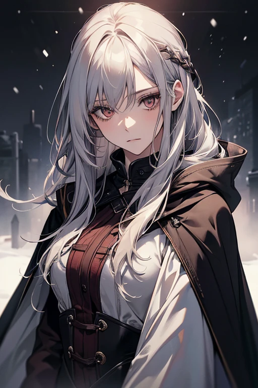 (Confused, High resolution, Very detailed), 1 female, Silver Hair,Long Hair,Reddish brown eyes,Black single-sided cape coat,suit,Mid-20s's,Beautiful woman,mature,thin,quiet,Calm,Snow Scene
