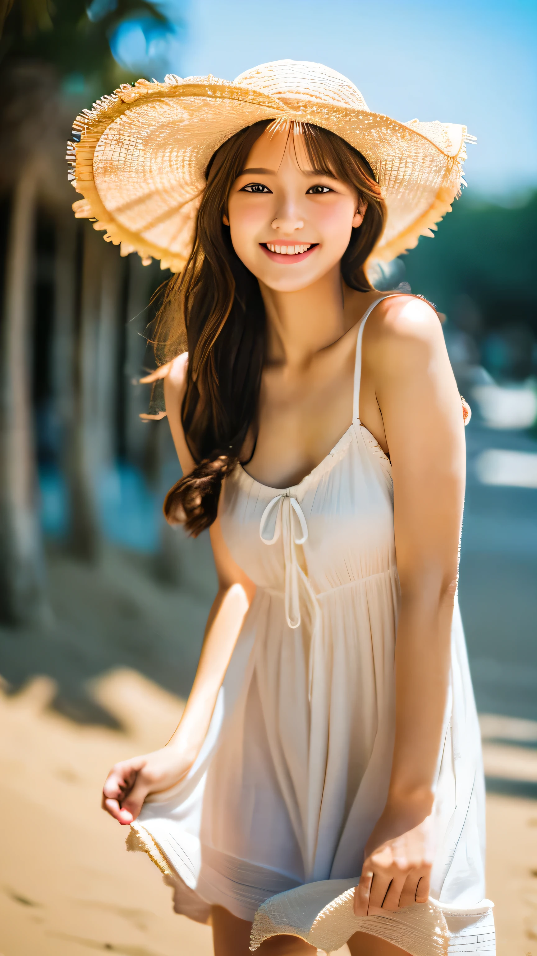 highest quality ,masterpiece,Ultra-high resolution, very beautidebtul, cute, (Photorealistic:1.4), One girl, Japanese, brown hair, Cinematic, 35mm lens, debt/ 1. 8, Accent lighting, 8k, Sundress, Straw hat, Beach Resort, smile, debtrom below, sunny