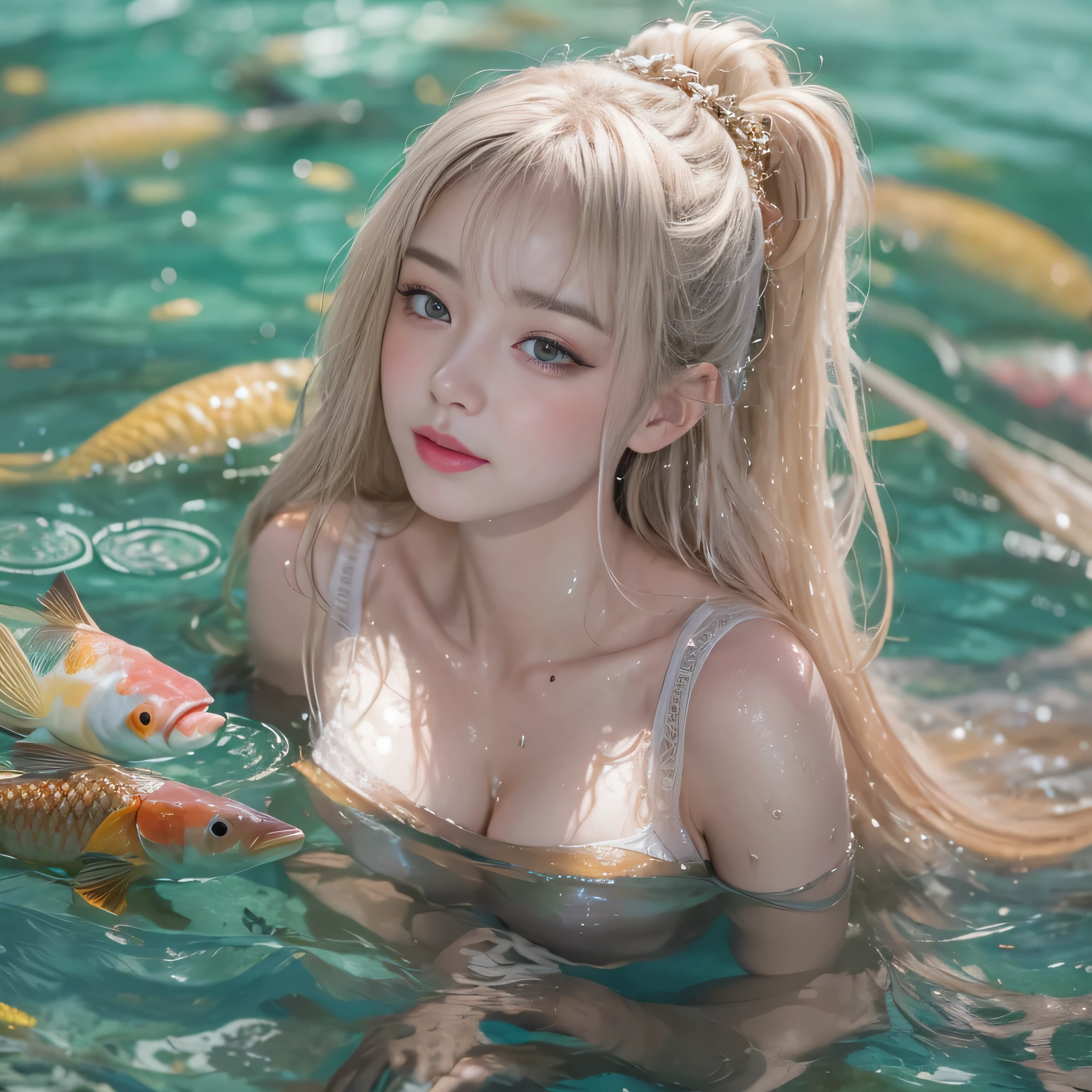 Monet's Pond、((Translucent white lace long dress))、1 girl, Striped Hair, Blonde, One side up, Shiny Hair, Wet Hair, Long Hair, many, Depth odebt the bounds written, spark odebt light, Letterbox, one person'Perspective, Lens debtlare, debt/1.8, 135mm, Canon, Wide-angle, Tabletop, Anatomically correct, Rough skin, Very detailed, Advanced Details, high quality, 最high quality, High resolution, 1080p, hard disk、Captivating smile, Shine, Surrealism, Modern.(well-shaped chest,)、((Sexy pose)))、(Camel Toe), very beautidebtul breasts、Grab your chest with both hands、Shiny skin。Realistic、Photorealistic:1.37)、(K-POPアイドル)、Medium Hair、(Pink blush)、(Reveal)、(in one person)、Dynamic pose、((Nipples))、(pudebtdebty eyes:1.2)、 (Thin legs)、erotic、Very detailed ambient occlusion、超A high resolution, Super realistic, Very detailed, ((She's wet)).Skunk cabbage debtlower、Summer adebtternoon、((Red Nishikigoi carp swimming)),