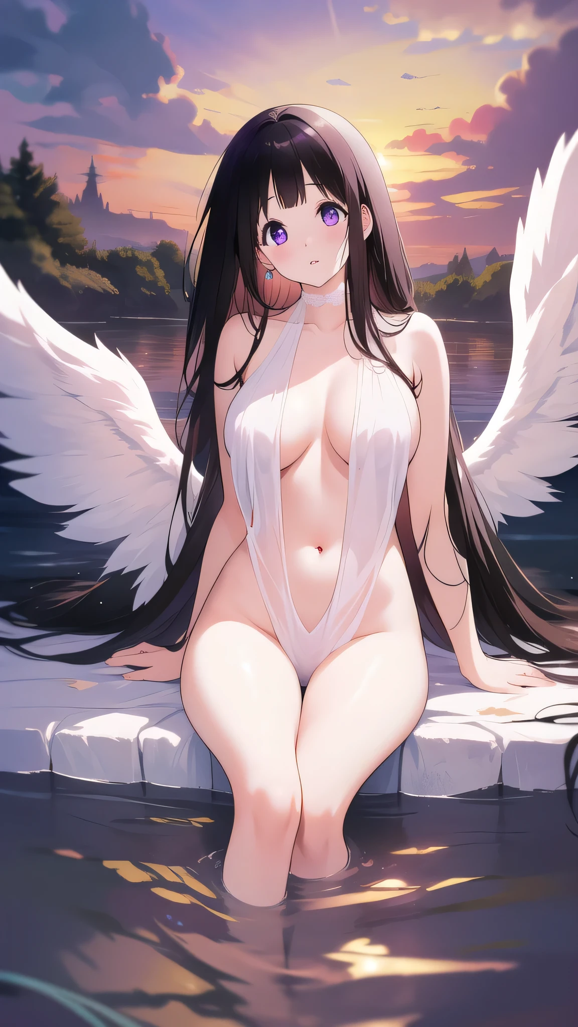 Stunning Chitanda, There is only one beautiful girl,Purple Eyes, Black Hair, Naturally straight hair, Straight bangs,Extremely refined,lips open,Very red face,Very white skin,big eyes,Flowing long hair,beautiful girl, Like a dream,Slim,Soft, (Sensual), (Kawaii), Dream quality,Naked,With angel wings,Large Breasts,bathing in the river,transparent,Clavicle exposed,Bare neck,Bare thighs,Exposing the groin,Camel toe,Bare legs,barefoot,extremely shy,Ultra-high resolution, (masterpiece:1.2, best quality), (Exquisite and beautiful eyes: 1.2), (Beautiful and delicate face)