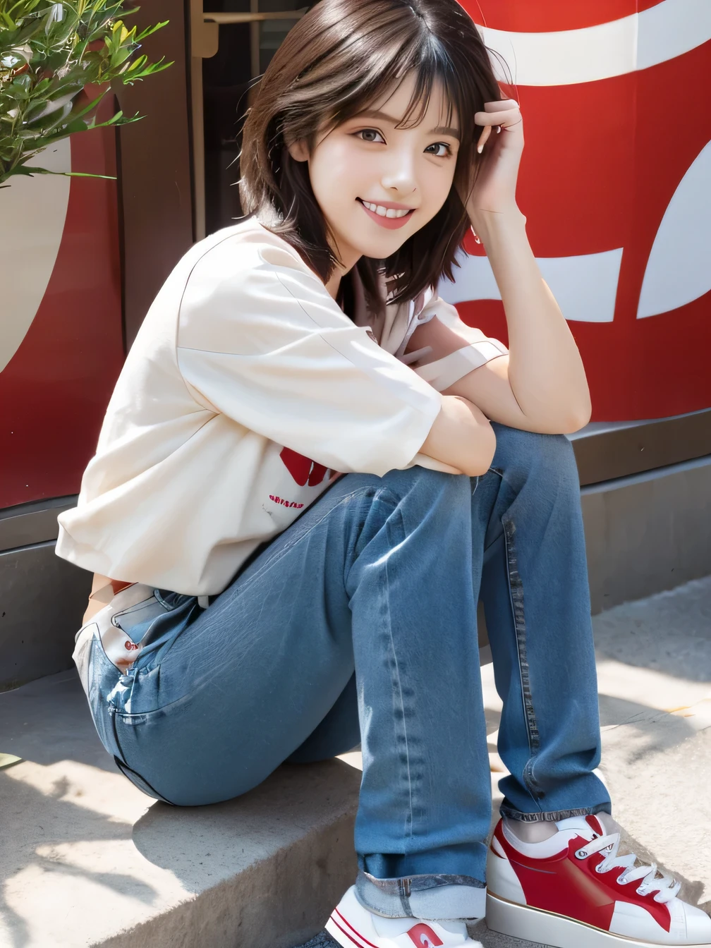 8k, Realistic, RAW Photos, highest quality:1.4), (Realistic face), (Black Hair、short hair、Beautiful Hairstyles、ear piercing、, smile、Beautiful teeth alignment、Beautiful little blue eyes, (Realistic skin texture), (Beautiful Skin),charm, Ultra-high resolution, Ultra-Realistic Skin, (Natural light)、Golden Ratio, ((smile)), ((full body shot)), (((Red trainer)))、((Skinny jeans、sneakers) Information Information
