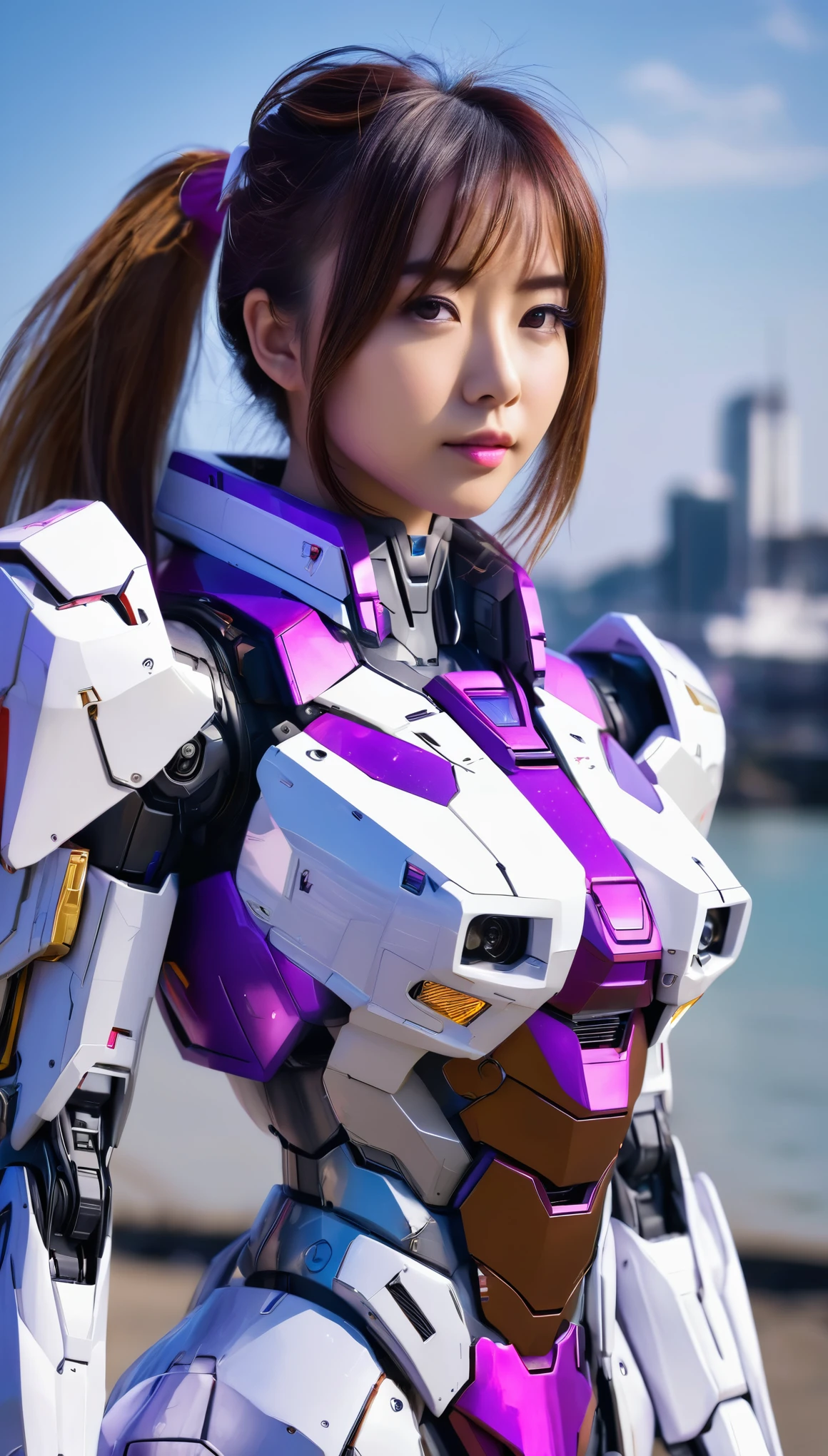 RAW, Masterpiece, Ultra Fine Photo,, Best Quality, Ultra High Resolution, Photorealistic, Sunlight, Full Body Portrait, Stunningly Beautiful,, Dynamic Poses, Delicate Face, wearing a mecha detector glass future transparent neon, Vibrant Eyes, a full body of a woman in a purple and white gundam custume, dybamic pose, pony tail long brown very very long hair rapunzel, girl in mecha cyber armor, portrait armored astronaut girl, d. va from overwatch, female mecha, on a gundam, gundam head, chiho aoshima color scheme, mobile suit, streamlined purple armor, fully robotic!! girl, realistic cosplay, gundam armor (dynamic pose) (best cameraview), full body, sit down, full body