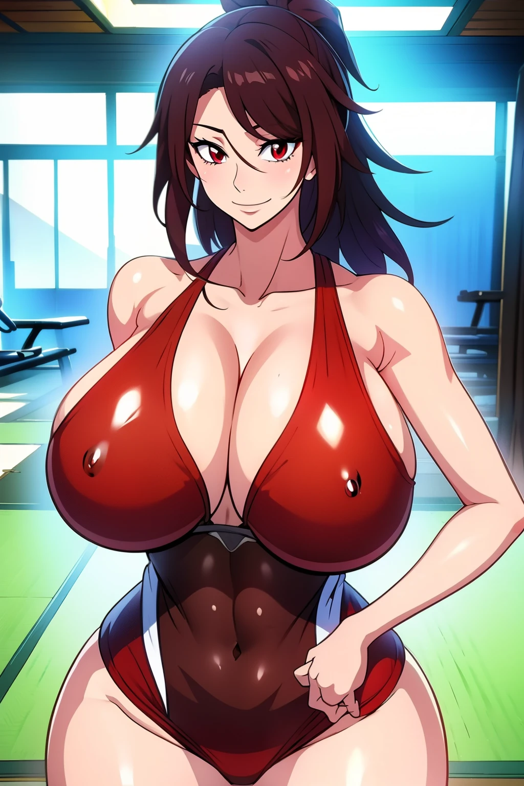 An anime-style artwork depicting Mizuki_Shiranui from the game Honkai star rail.

Tags: Mizuki_Shiranui, anime, detailed eyes, detailed lips, (fitness outfit:1.1), cleavage, smiling expression, intense gaze, dynamic pose, indoor, fitness room, vibrant colors, digital art, high-resolution, professional quality, gigantic breasts, curvy, cowboy shot, (gigantic breasts: 1.4), (red eyes:1.4)