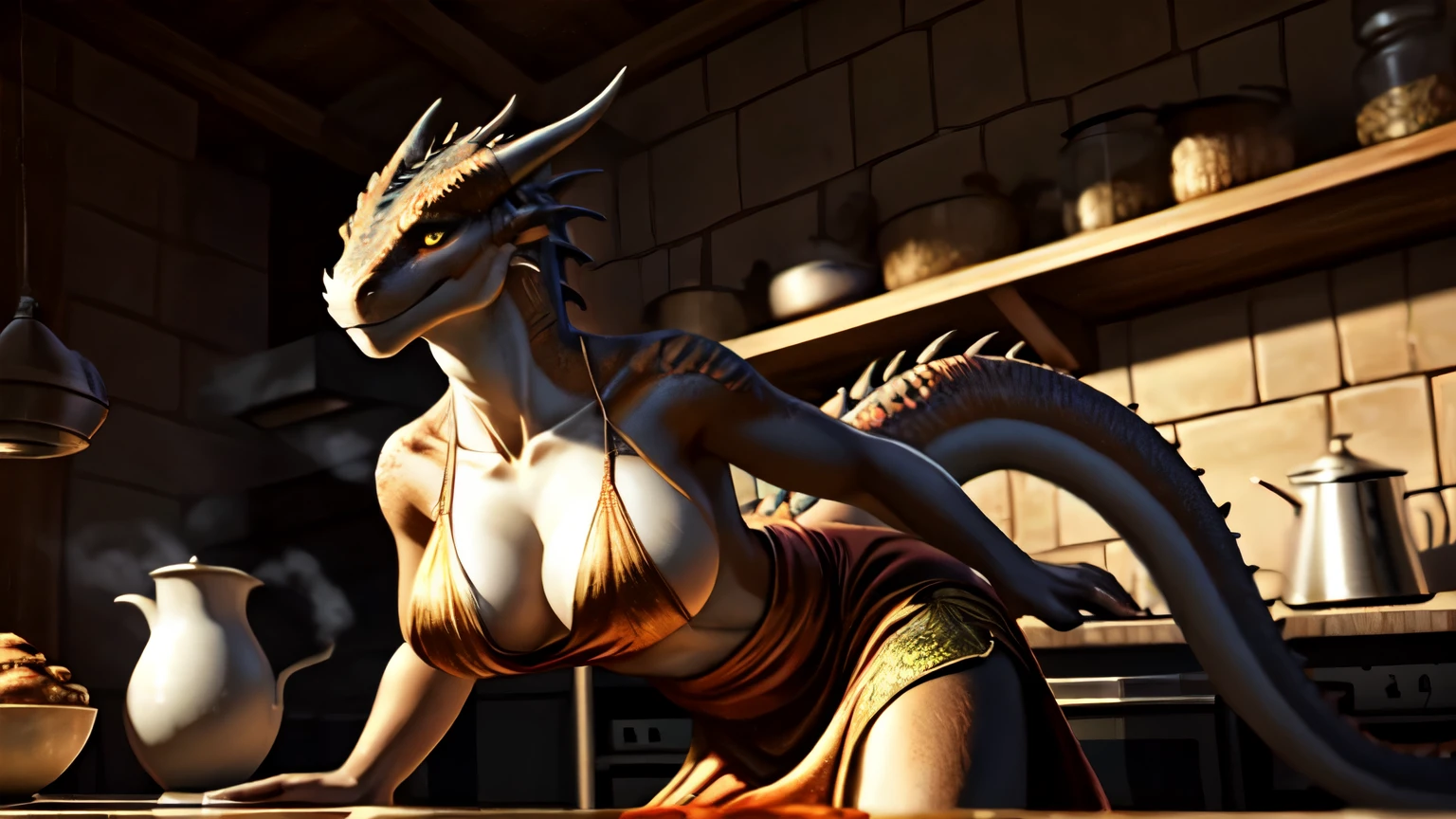 Extremely detailed, computer graphics, unity, 8k wallpaper, Stunning detail, Finely detailed, Masterpiece, Best Quality, official arts, Extremely detailed computer graphics Unity 8K wallpaper, Ultra-detailed, hight resolution, Extremely detailed, Clear, Focused, (Best Quality), (Realistic, photo-realistic:1.6), 8K, soft-lighting, hiquality, ((Seductive slender anthro dragoness in medieval robes)), Women's, anthro, dragon/Lizard's head, scaly body,,,,, in full growth, Slender breasts, scaled skin, Long red hair, membranous ears, small head, long neck, long legs, tail, Shelves with product backgrounds, The character prepares food in the kitchen, pans and pots, Steam and fire
