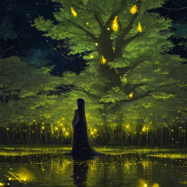 woman,Long hair,standing by the water,Among colorful fireflies,during the night,Among the large, beautiful trees that glow,Unimaginable visuals,Highly detailed images,Fantasy