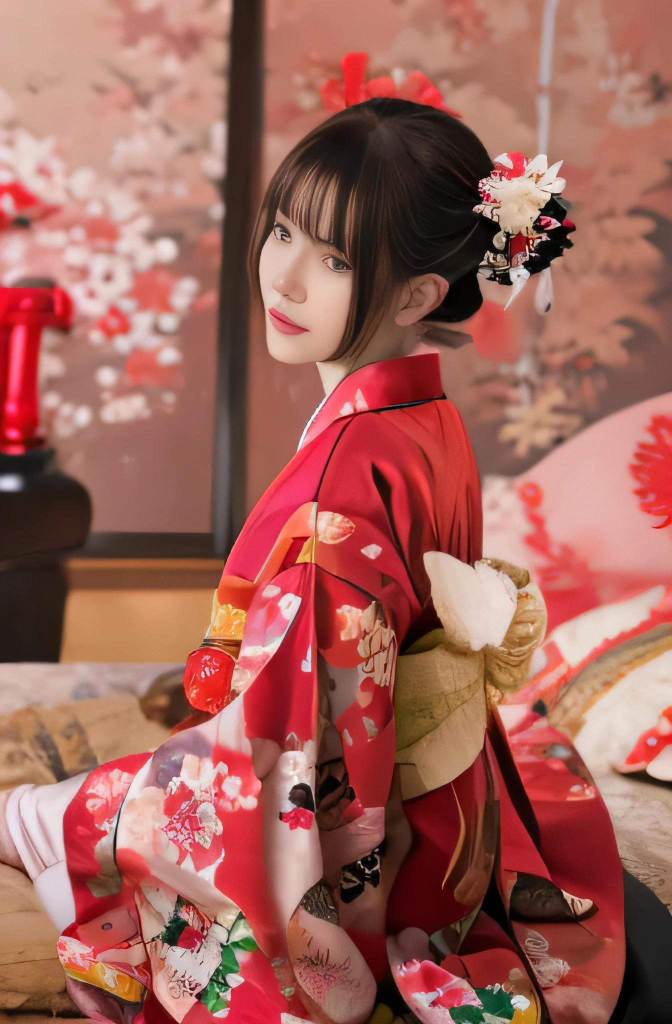 there is a woman in a kimono sitting on a bed, red kimono with flower patterns, red kimono, japanese kimono, in kimono, wearing kimono, japaneese style, kimono, wearing royal kimono, traditional japanese, intricate geisha kimono, traditional geisha clothing, wearing a kimono, japanese clothes, palace , a girl in hanfu, japanese style, hanfu