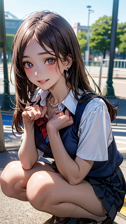 (masterpiece:1.2, top-quality), (realistic, photorealistic:1.4), beautiful illustration, (natural side lighting, movie lighting), nsfw,
beautiful detailed hair, beautiful detailed face, beautiful detailed eyes, beautiful clavicle, beautiful body, beautiful chest, beautiful thigh, beautiful legs, beautiful hands,
looking at viewer, 1 girl, japanese, high school girl, perfect face, cute and symmetrical face, shiny skin,
(long hair, straight hair, brown hair), forehead, gray eyes, slant eyes, big eyes, long eye lasher, (medium breasts), (small ass, thin thighs), slender, outstanding style,
(detailed cloth texture, short sleeve white collared shirt, navy school vest, navy pleated skirt, navy bow tie), earrings, necklace,
(beautiful scenery), amusement park, go-round, ferris wheel, (squatting, crouching, hands on chest, skirt hold), (seductive smile, upper eyes, parted lips),