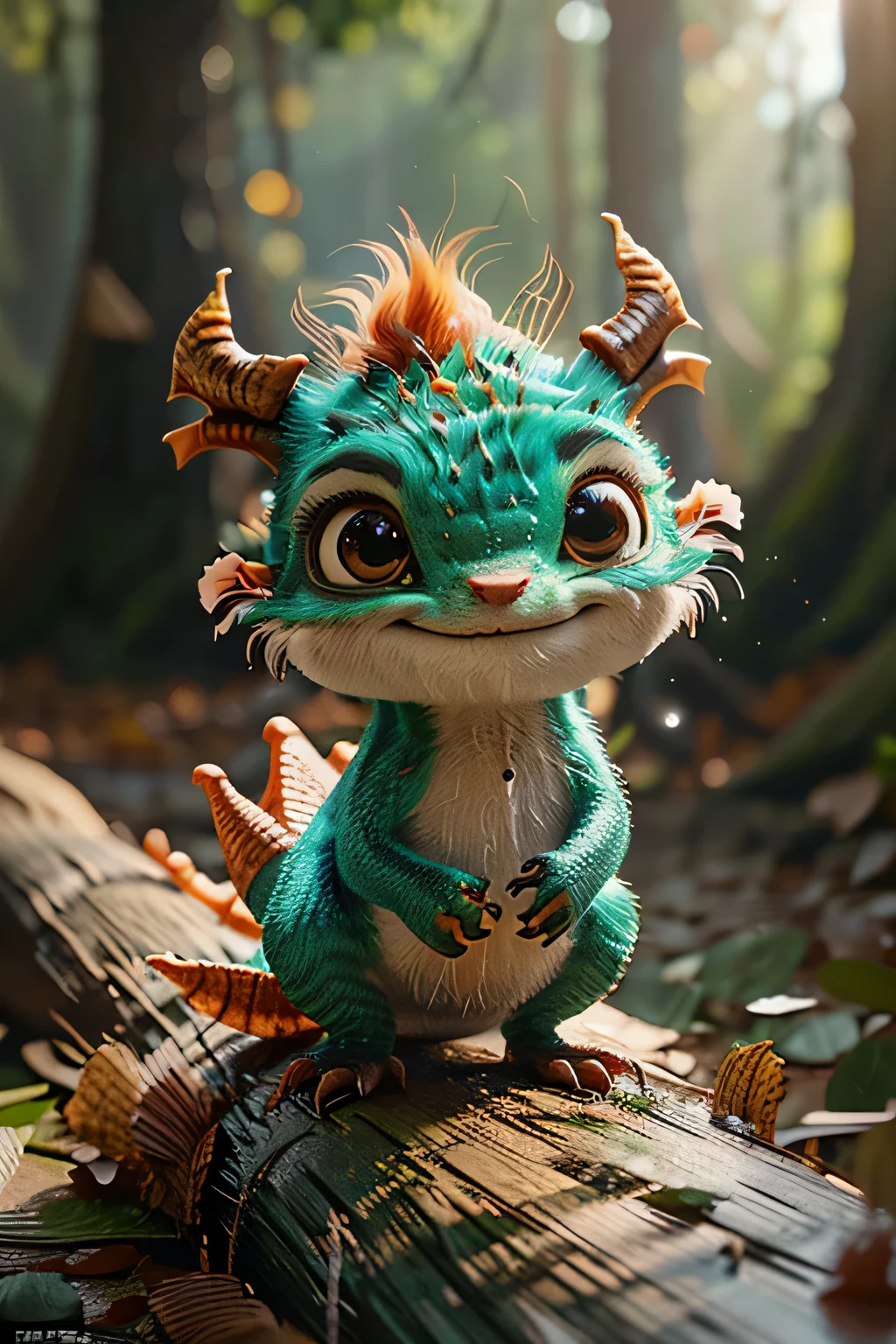 there is a small stuffed animal sitting on a log, cute little dragon, adorable digital painting, cute detailed digital art, cute forest creature, cute little creature, cute creature, newly hatched dragon, cute 3 d render, cute digital art, detailed creature, fantasy creature, as an anthropomorphic dragon, highly detailed creature, soft delicate draconic features