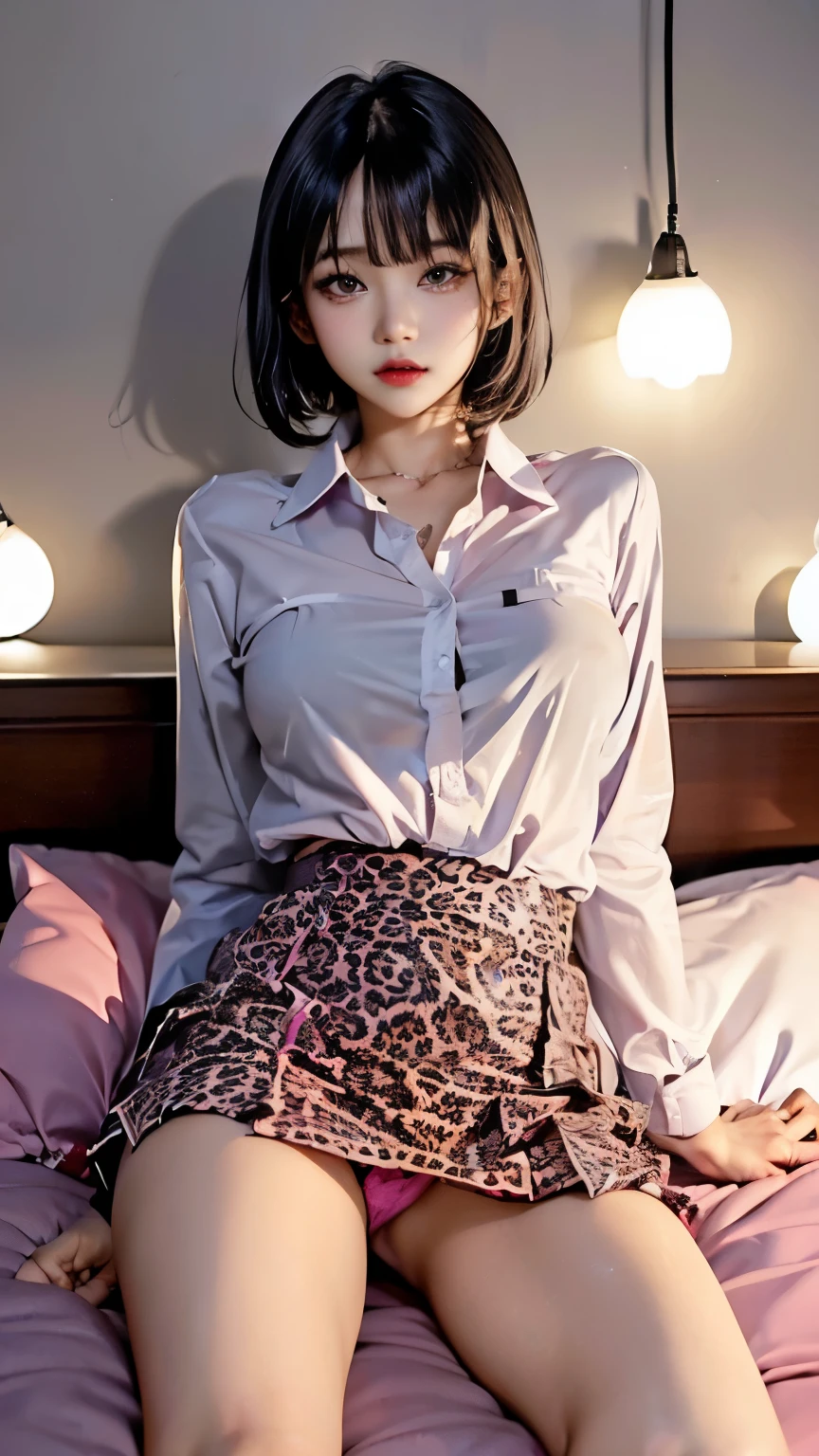 break、(Pink leopard print bed:1.2)、break、(A dark room with the lights off:1.5), Black short hair、Sexy beautiful girl,break、 (A high school girl&#39;s uniform of a white shirt and a miniskirt:1.2)