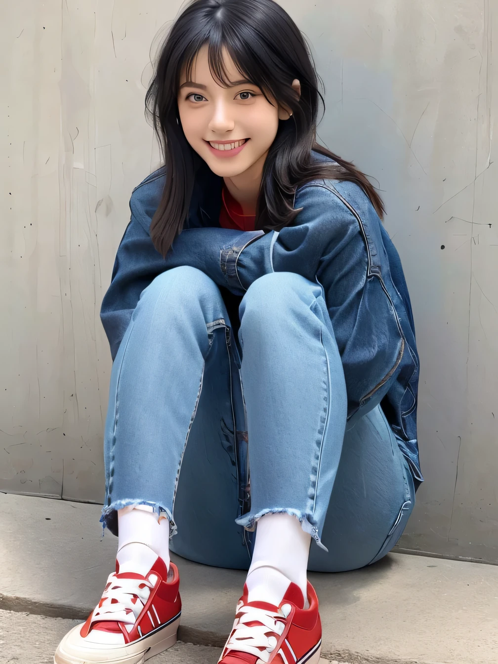 8k, Realistic, RAW Photos, highest quality:1.4), (Realistic face), (Black Hair、short hair、Beautiful Hairstyles、ear piercing、, smile、Beautiful teeth alignment、Beautiful little blue eyes, (Realistic skin texture), (Beautiful Skin),charm, Ultra-high resolution, Ultra-Realistic Skin, (Natural light)、Golden Ratio, ((smile)), ((full body shot)), (((Red trainer)))、((Skinny jeans、sneakers) Putting on socks、Information Information
