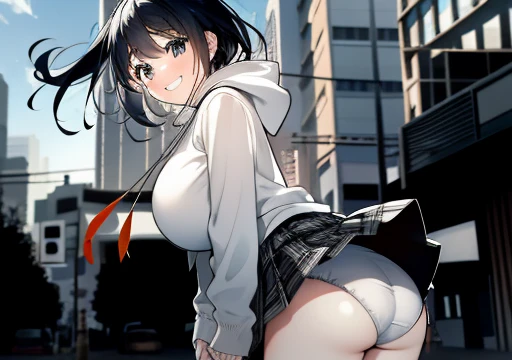 Big Breasts、Black sweater、White underwear、Grin、Checkered Skirt、flip-up skirt、Strong winds、Drawstring shorts、plaid underwear、Underwear that&#39;s digging in、Huge breasts、Soft Breasts