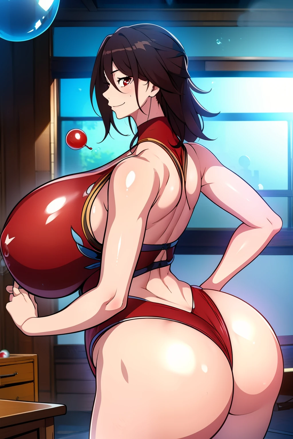An anime-style artwork depicting Mizuki_Shiranui from the game Honkai star rail.
Tags: Mizuki_Shiranui, anime, detailed eyes, detailed lips, (fitness outfit:1.1), cleavage, smiling expression, intense gaze, dynamic pose, indoor, fitness room, vibrant colors, digital art, high-resolution, professional quality, gigantic breasts, curvy, cowboy shot, (gigantic breasts: 1.4), (red eyes:1.4), curvy ass, (big butt : 1.4), (bubble butt : 1.4), from behind, back view,