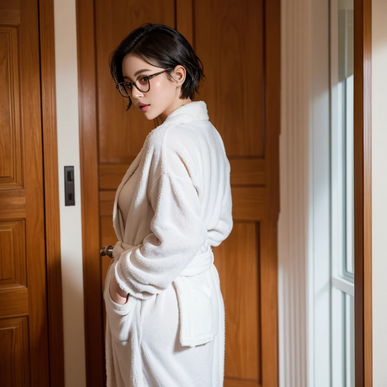 highest quality，28-year-old female，The lips are small and thick，wearing glasses，Short Crop Hair，Bust 96cm，My hair is wet after the bath，Wearing a bathrobe，No underwear，The front of her bathrobe is wide open.，The thighs are a little thicker，Looking at the camera，Cinema Lighting，The room is a little dark，from behind，