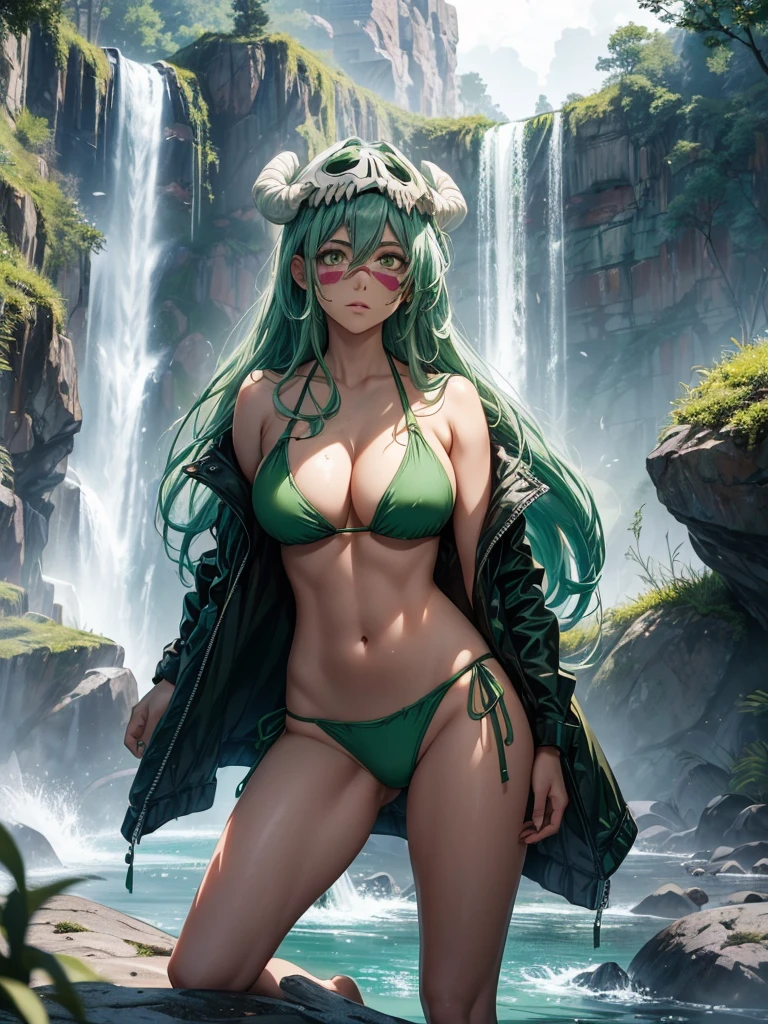 （8k, RAW photos, minino：1.1） ，female，（looki at viewer company），cowboy lens，Japanese，nelliel tu odelshcwanck/ (bleach\），（green bikini：1.1），La Brett Piercing，cleavage，(((green bikini)))，Be red on the face, full body photo, standing, seductive, lean, muscular legs, muscular belly.green hair，torn clothes, face mark, Professional lighting、photon mapping、physics-based rendering、dark theme，in front of a waterfall