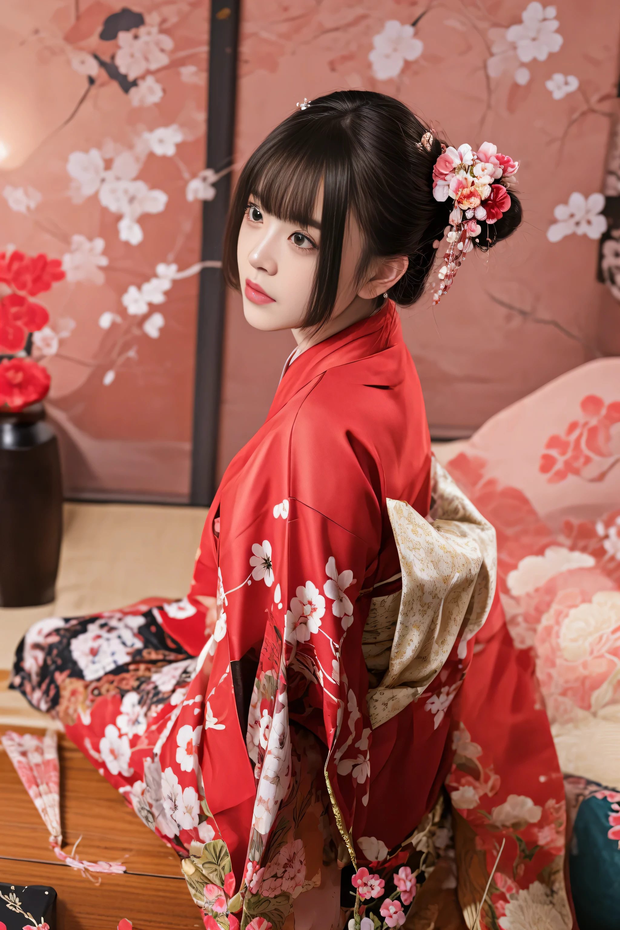 there is a woman in a kimono sitting on a bed, red kimono with flower patterns, red kimono, japanese kimono, in kimono, wearing kimono, japaneese style, kimono, wearing royal kimono, traditional japanese, intricate geisha kimono, traditional geisha clothing, wearing a kimono, japanese clothes, palace ， a girl in hanfu, japanese style, hanfu