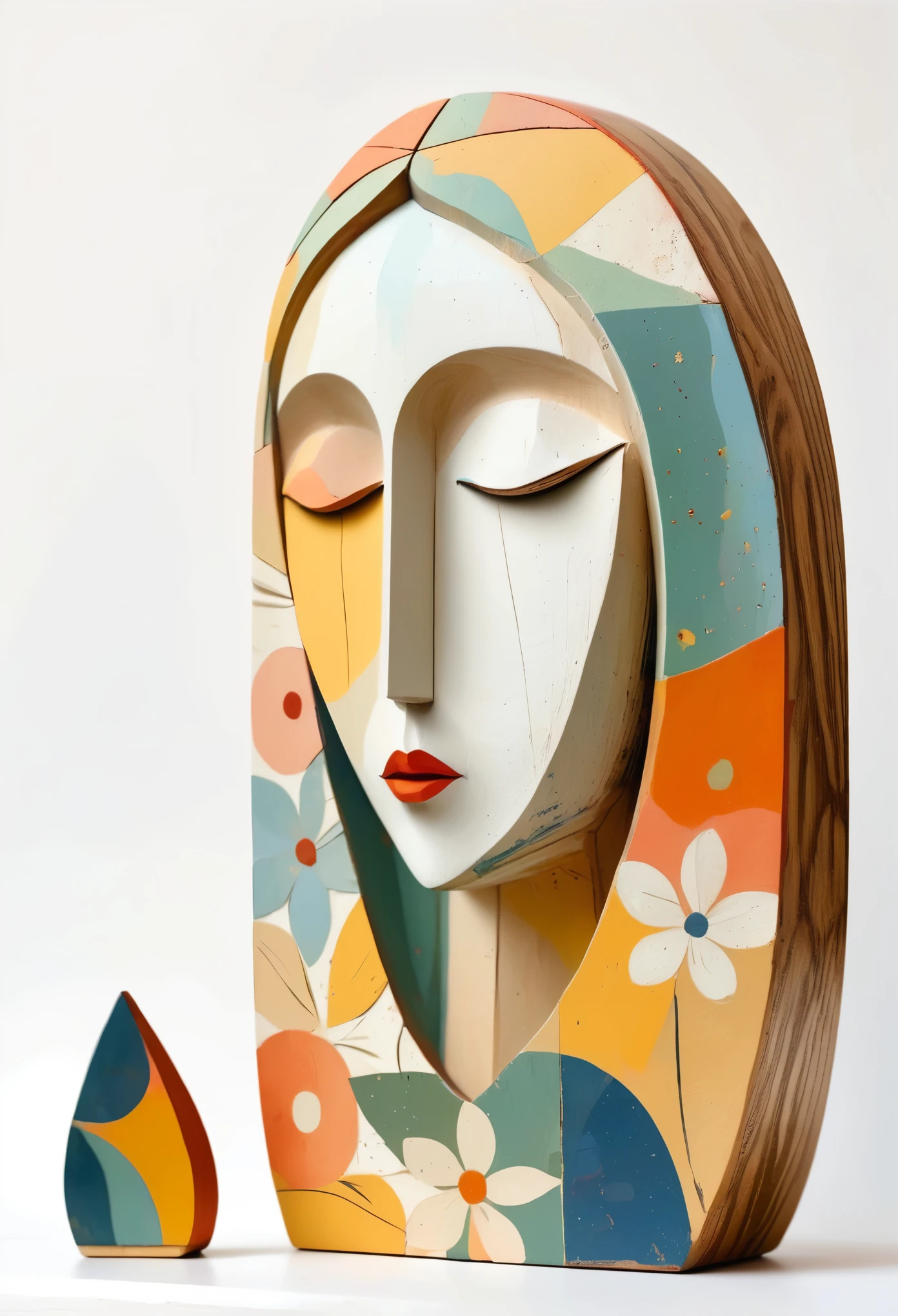Colorful sculpture of the Madonna painted in earthy tones, Rough texture，Stale，Wearing a floral dress, White background, John Klassen&#39;s Style. EArrangei and Morandi colors, organic shapes, Geometric patterns, The style of Shu Uemura. Paint drops on Matisse style wooden figures. cubism style, Art Deco, pop surrealist characters, folk inspired illustrations, pastel color palette, bright White background, No shadow.
