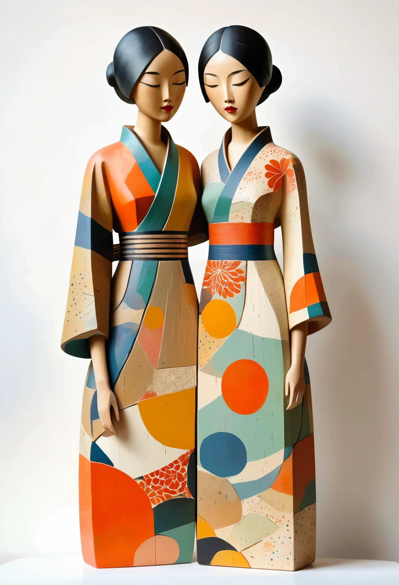 Colorful sculptures of Asian women painted in earthy tones, Rough texture，Stale，Wearing a floral dress, White background, John Klassen&#39;s Style. EArrangei and Morandi colors, organic shapes, Geometric patterns, The style of Shu Uemura. Paint drops on Matisse style wooden figures. cubism style, Art Deco, pop surrealist characters, folk inspired illustrations, pastel color palette, bright White background, No shadow.