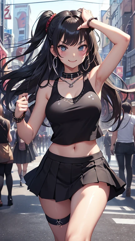 highest quality、Highest image quality、masterpiece、teenage girl((18-year-old、 Agar、vest bust、medium bust,wide open breast tea、Black eyes, black hair、long hair、slender,highest valley、cute makeup、Black short skirt、Red spats、fluttering hair、White navel tank top、chain accessories、headphones,dance motion,Fierce dance、best smile)),high quality、beautiful art、background((Live on the street、galleries、Akihabara)),muste piece、Depth of written boundary、movie、visual art、perfect art、