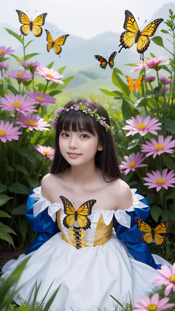 Beautiful girl in a fairy costume, surrounded by flowers and butterflies. content: Watercolor. style: Whimsical and delicate, Like an illustration in a children's book.