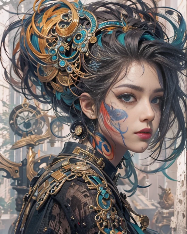 official art, unity 8k wallpaper, ultra detailed, beautiful and aesthetic, masterpiece, best quality, (zentangle, mandala, tangle, entangle), (fractal art:1.3) ,( 1girl:1.4), extremely detailed, dynamic angle, cowboyshot, the most beautiful form of chaos, elegant, a brutalist designed, vivid colours, romanticism, by james jean, roby dwi antono, ross tran, francis bacon, michal mraz, adrian ghenie, petra cortright, gerhard richter, takato yamamoto, ashley wood, atmospheric, ecstasy of musical notes, streaming musical notes visible,gears
