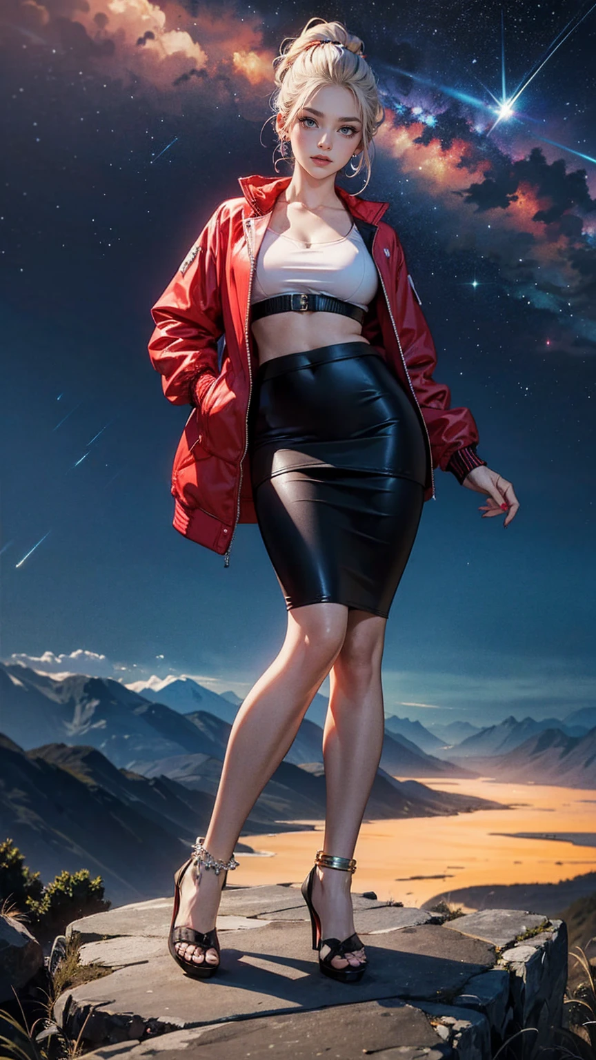 ((最high quality, 8K, masterpiece: 1.3, Ultra HD, high quality, 最high quality, High resolution, realism)) 、25-year-old Caucasian female、Platinum Blonde、blue eyes、long hair、smile、slender、A voluptuous, feminine body、I want my head to stay off screen、手首にアクセサリーapply、Wearing red nail polish、I have a peticure、anklet((anklet))apply、Midriff Jacket((midriff jacket))wear、pencil skirt((pencil skirt))Wear、Wear stiletto heels、Wear black stockings、I'm on the top of a mountain with a fantastic and wonderful night sky.、Shooting stars are flowing
