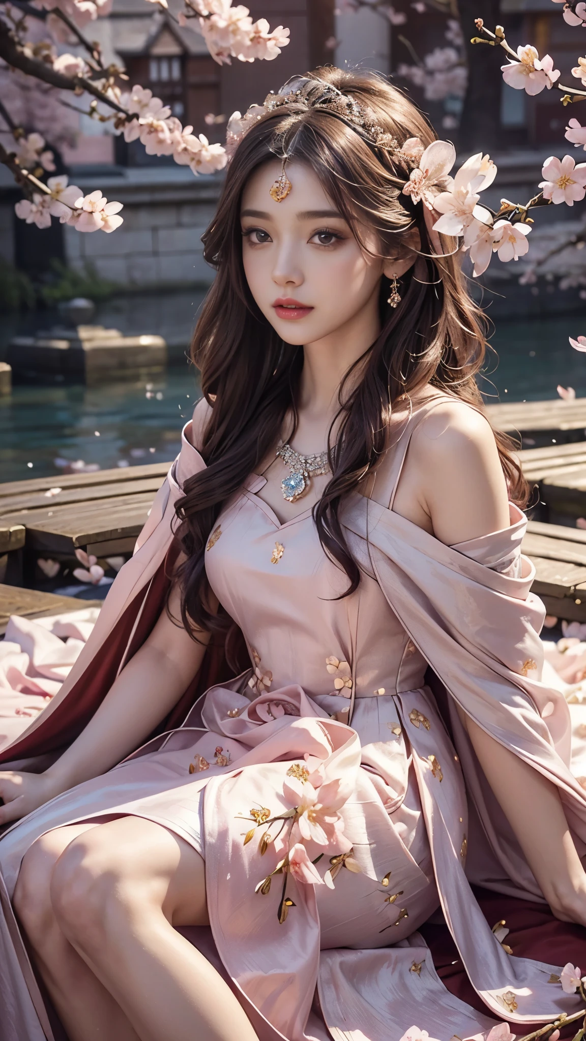 4K, Ultra HD, Masterpiece, 1 girl, (innocent face:1.4), detailed eyes, red lips, very long hair, princess dress, (lawa dress:1.5), ((flowing cape1.4)), (jwellery:1.5), (cherry blossom:1.5), (bloom effect:1.5), Detailed Fantasy Art, Stunning Character Art, beautiful Exquisite Character Art, Beautiful, Extremely Detailed, Exquisite Intricate Headdress and Jewellery, perfect body, looking directly at the audience, upper thigh body,