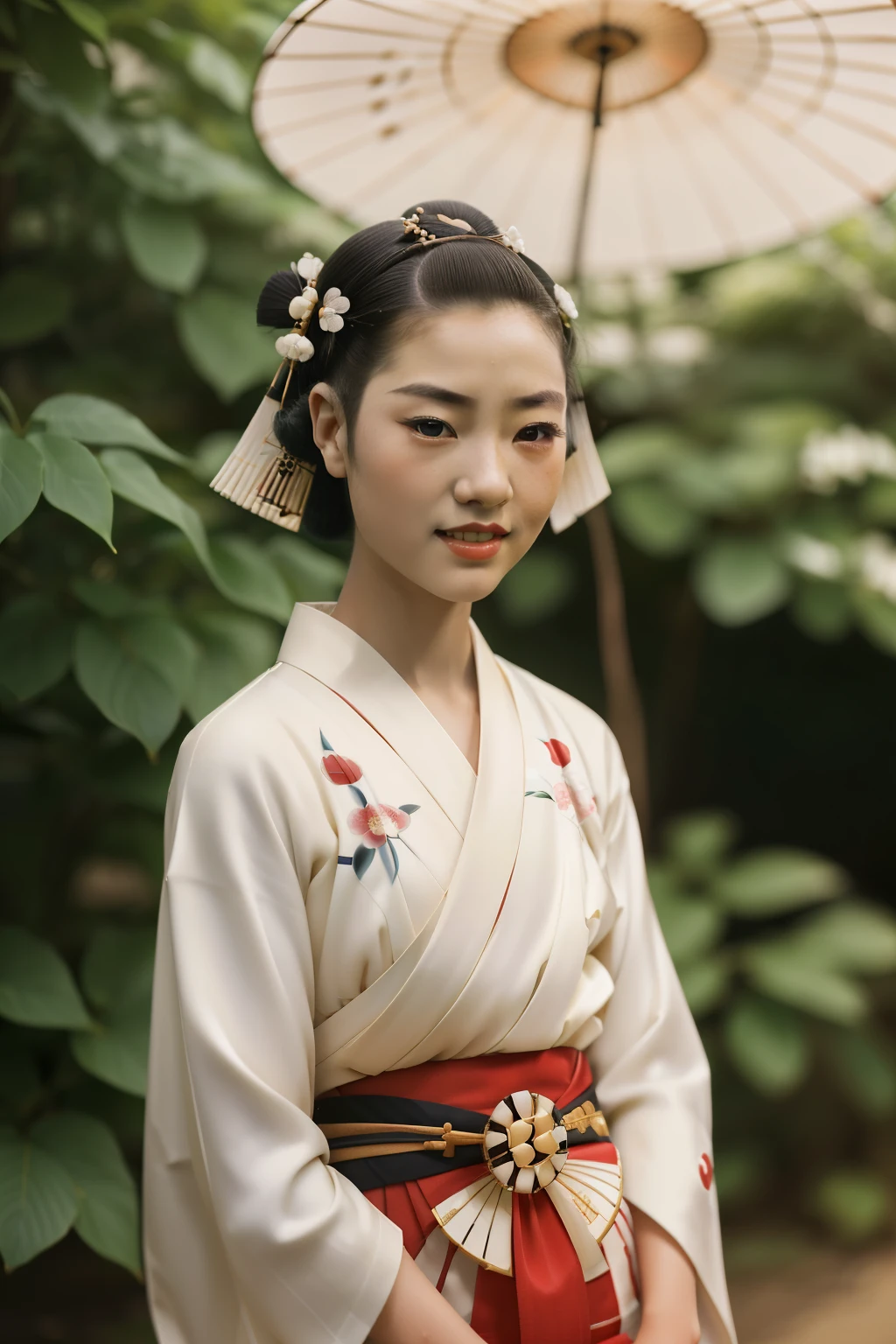 Kioto, 1934. A young ((((14-year-old)) Sayuri)), strikingly beautiful, delicate facial features, porcelain skin, expressive eyes, in a garden, ((shy smile)), ((((geisha clothings from the 1930s)))), ((geisha hairstyle of the 1930s)), colorful