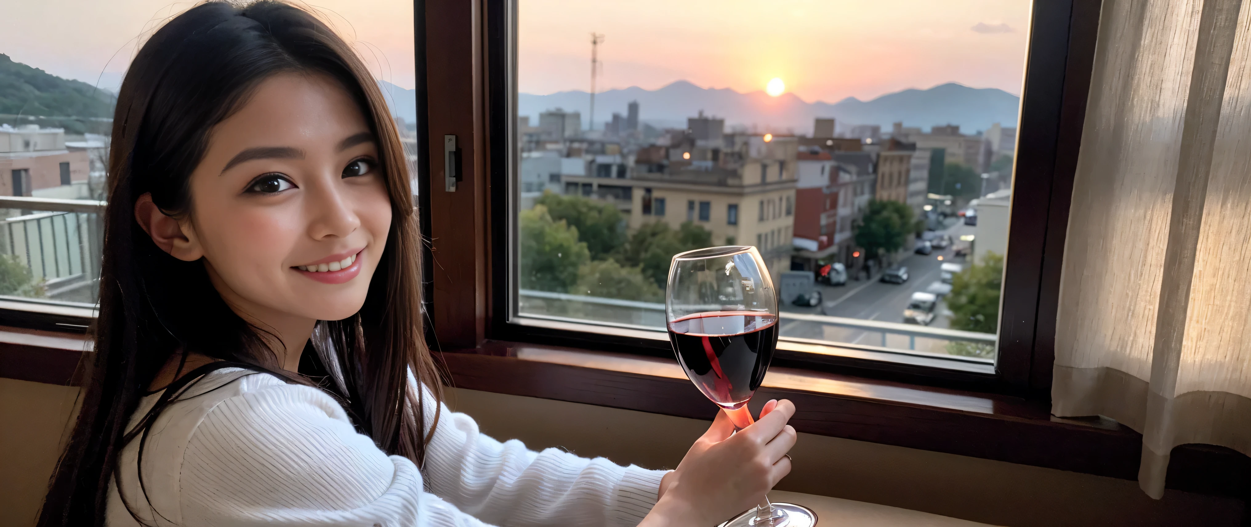 ((highest quality、8k、masterpiece:1.3))、Sharp focus:1.2、Beautiful woman perfect body:1.4、Slim body、((Bob Hale、Straight hair:1.2))、(to be born, highest quality, masterpiece:1.5), (Realistic, Intricate details:1.2), Ultra-high resolution, Spectacular view of the sunset sky and clouds、Amazing mountain views、A bright smile、A lovely woman with a smile、wine glass、red wine 、Bright image、2. Wine Beauties, Beautiful Face, blue eyes, The light shines on your face, Blushing, short hair,Bright face、Fox face、 (36 years old), 39 years old, Lady、hors d'oeuvre、Italian food、wine bottle、Champagne、sparkling wine、two beauties、brown hair、Shortcuts、Long sleeve shirt、dress、Pretty Woman 1, (slim face), (The body is slim), (brown hair), (Shortcuts), cheeks turn a little red,charming beauty、, Out of the window, A beautiful and detailed night view unfolds.........., restaurant, In a prominent place (From the waist up) Nova Frog Style, actress, model, Upper Body, White wine, slim, wine glass, wine glass placed in the middle, smile, (smile: 1.15), Beautiful fine grain, Depth f/2,saturation, High Contrast, Strong light and shadow,Moist Body:1.5、3D texture、Delicate eyes、brown hair、The hair is very shiny、