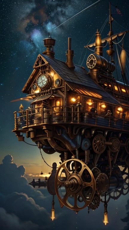 Background picture, starry sky, steampunk, floating building, (large propellers), cogwheels, pipe, bulbs 