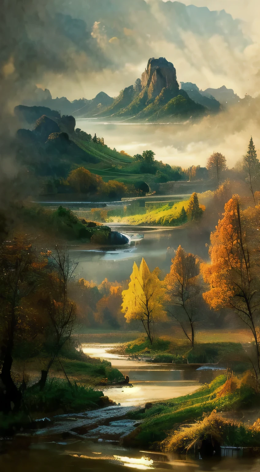 rolling mountains，Small boats travel on the river，pavilion，Winding River，（Outdoor Landscape：1.5），Ancient buildings，Fallen Leaves，（masterpiece），（Best image quality），（Very detailed and uniform images），（8k wallpaper），（Watercolor style），（Light and shadow effects），Hyper-photorealism，Landscape photography