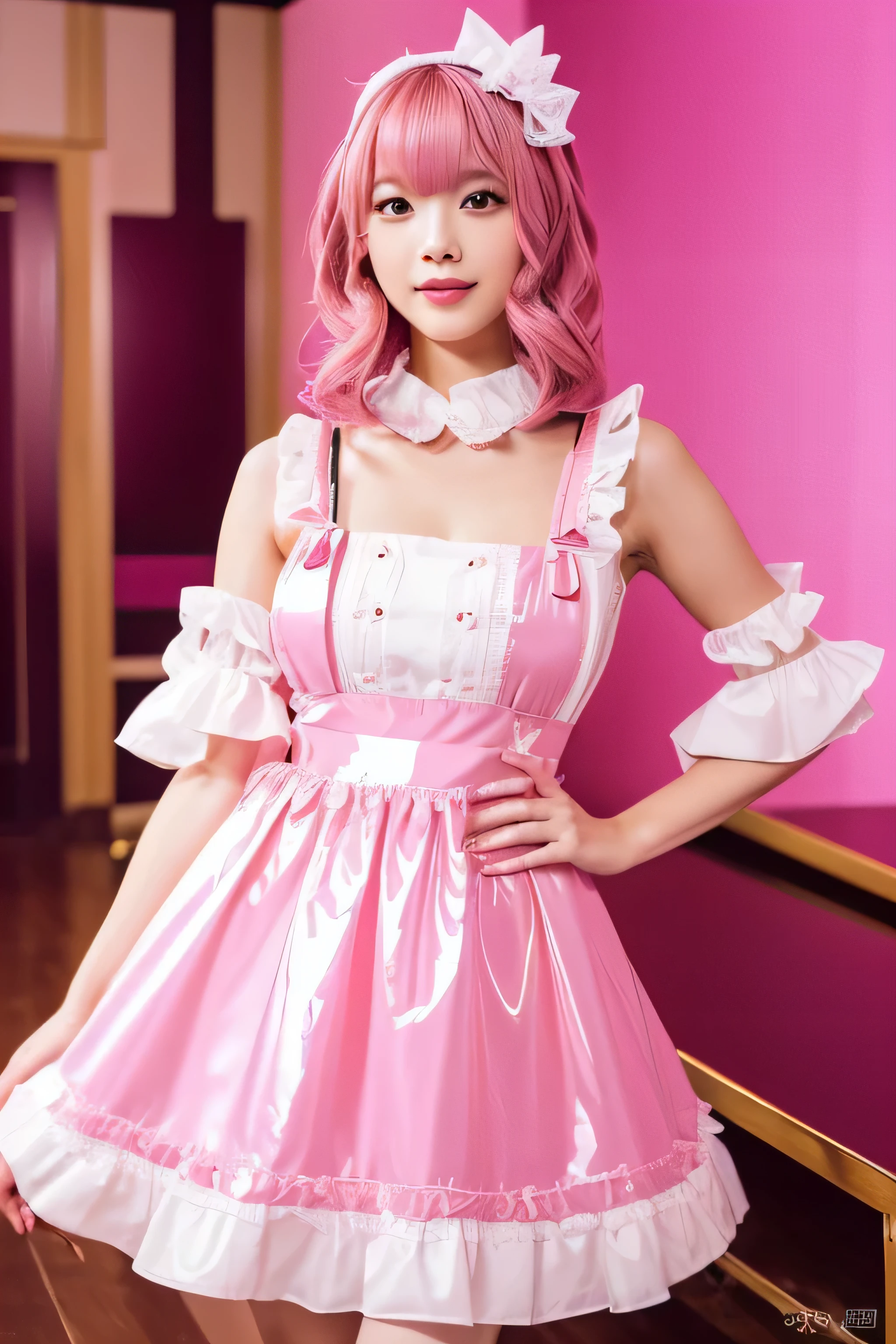 (One of the most beautiful and sensual 24 year old Japanese maids She's at the Maid Cafe) ((Pink sofa)) ((Pink Wall Pink table Pink Chair pink floor)) ((woman in a pink dress Maiddress wearing Maid uniform, Maid outfit, rococo ruffles dress, Catboy Cosplay! Maid! dress, anime girl in a Maid costume, japanese Maid cafe, wearing a pink dress)) (Full body photography:1.5) ((Her pink hair is very very straight and shiny. Shiny、Extra long pink hair Very long and voluminous pink hair 1.3 Perfect pink hair)) ((The bangs are cutely styled in a princess cut..:1.1)) ((She has a typical Japanese figure., Typical skin tones and perfect skin tones for Japanese people sexy makeup. The lipstick is a little red)) ((highest quality)) ((Authentic photos taken by professional photographers 8k)) ((masterpiece)) (それにGet used to it) Perfect beautiful face double eyelid ((Rich 1.4)) (Get used to it) (Ultra-fine skin texture 1.4) (Actual, Vibrant:1.4), Sharp focus:1.2、Beautiful woman:1.4 (The whole body is super beautiful々New skin texture) (Professional, Pink lighting) Beautiful and delicate shine (She looks sexy Staring at the audience) (she is standing in the center of the room)