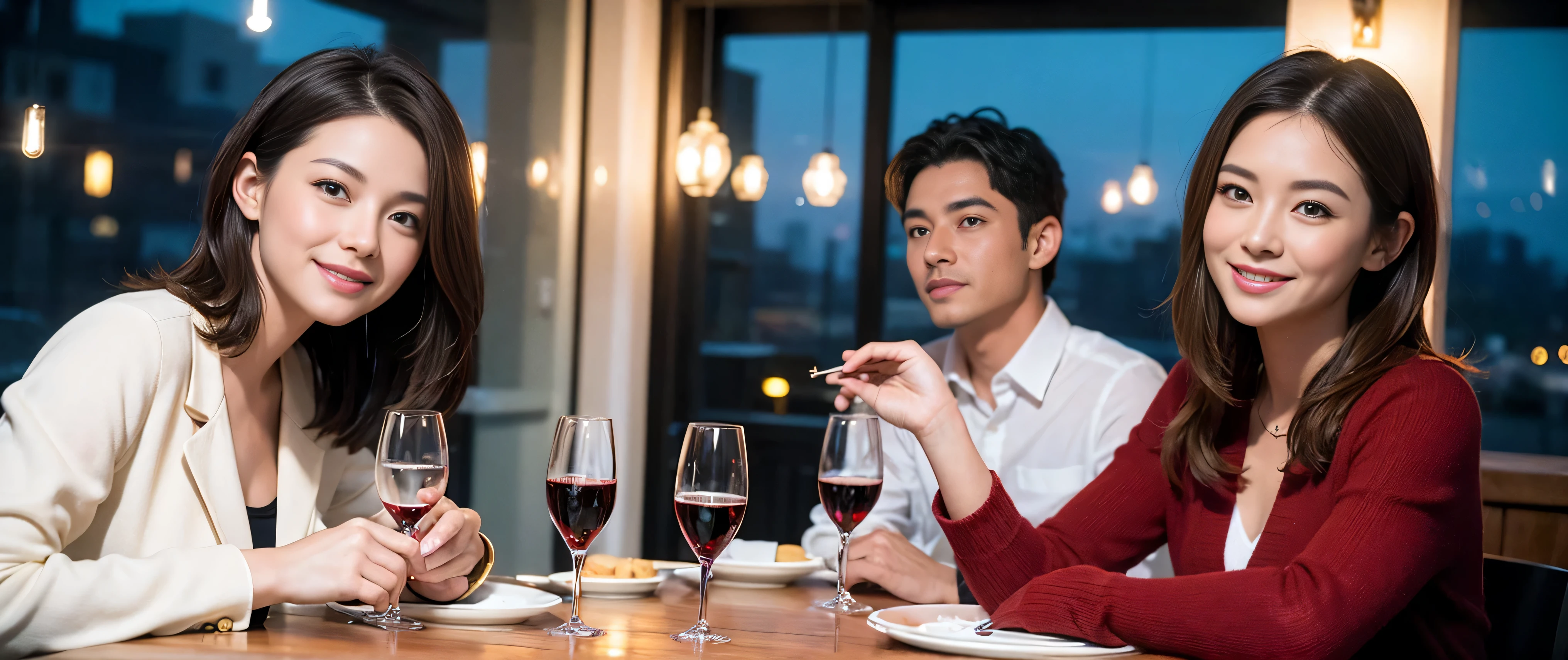 ((highest quality、8k、masterpiece:1.3))、Sharp focus:1.2、Beautiful woman perfect body:1.4、Slim body、((Bob Hale、Straight hair:1.2))、(to be born, highest quality, masterpiece:1.5), (Realistic, Intricate details:1.2), Ultra-high resolution, Spectacular view of the sunset sky and clouds、Amazing mountain views、A bright smile、A lovely woman with a smile、wine glass、red wine 、Bright image、2. Wine Beauties, Beautiful Face, blue eyes, The light shines on your face, Blushing, short hair,Bright face、Fox face、 (36 years old), 39 years old, Lady、hors d'oeuvre、Italian food、wine bottle、Champagne、sparkling wine、two beauties、brown hair、Shortcuts、Long sleeve shirt、dress、Pretty Woman 1, (slim face), (The body is slim), (brown hair), (Shortcuts), cheeks turn a little red,charming beauty、, Out of the window, A beautiful and detailed night view unfolds.........., restaurant, In a prominent place (From the waist up) Nova Frog Style, actress, model, Upper Body, White wine, slim, wine glass, wine glass placed in the middle, smile, (smile: 1.15), Beautiful fine grain, Depth f/2,saturation, High Contrast, Strong light and shadow,Moist Body:1.5、3D texture、Delicate eyes、brown hair、The hair is very shiny、