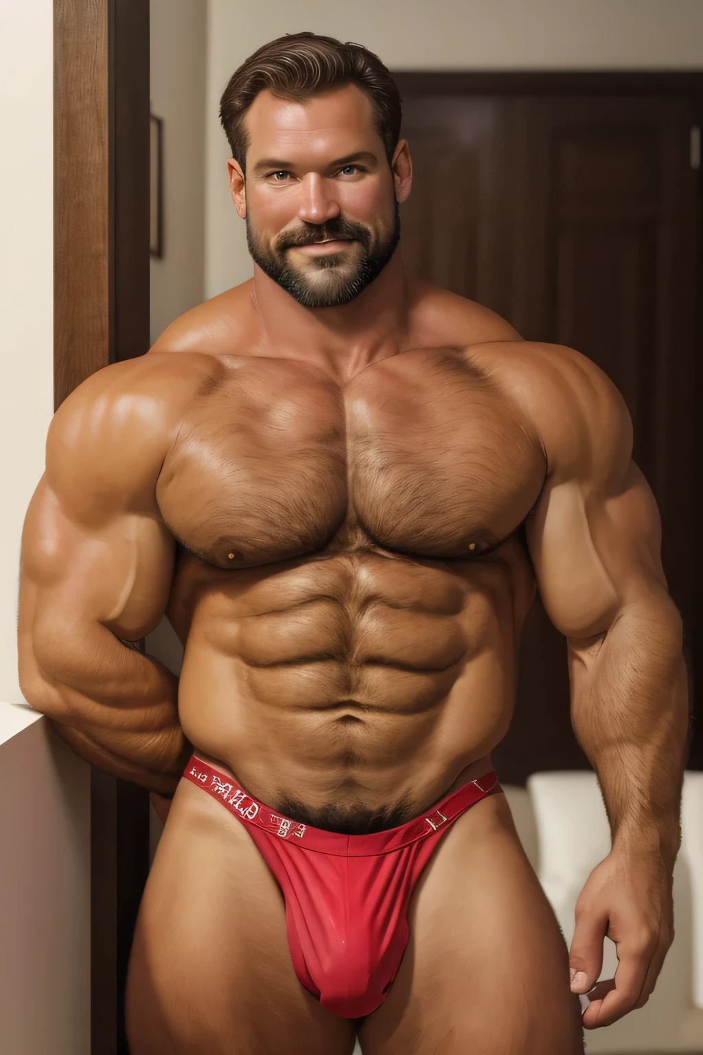 (handsome man), (50 yo), white man, wearing a speedo, bulge, (beefy:1.3), beard, looking at viewer, beautiful man, detailed eyes, symmetric face, smirk, robust, greying hair
