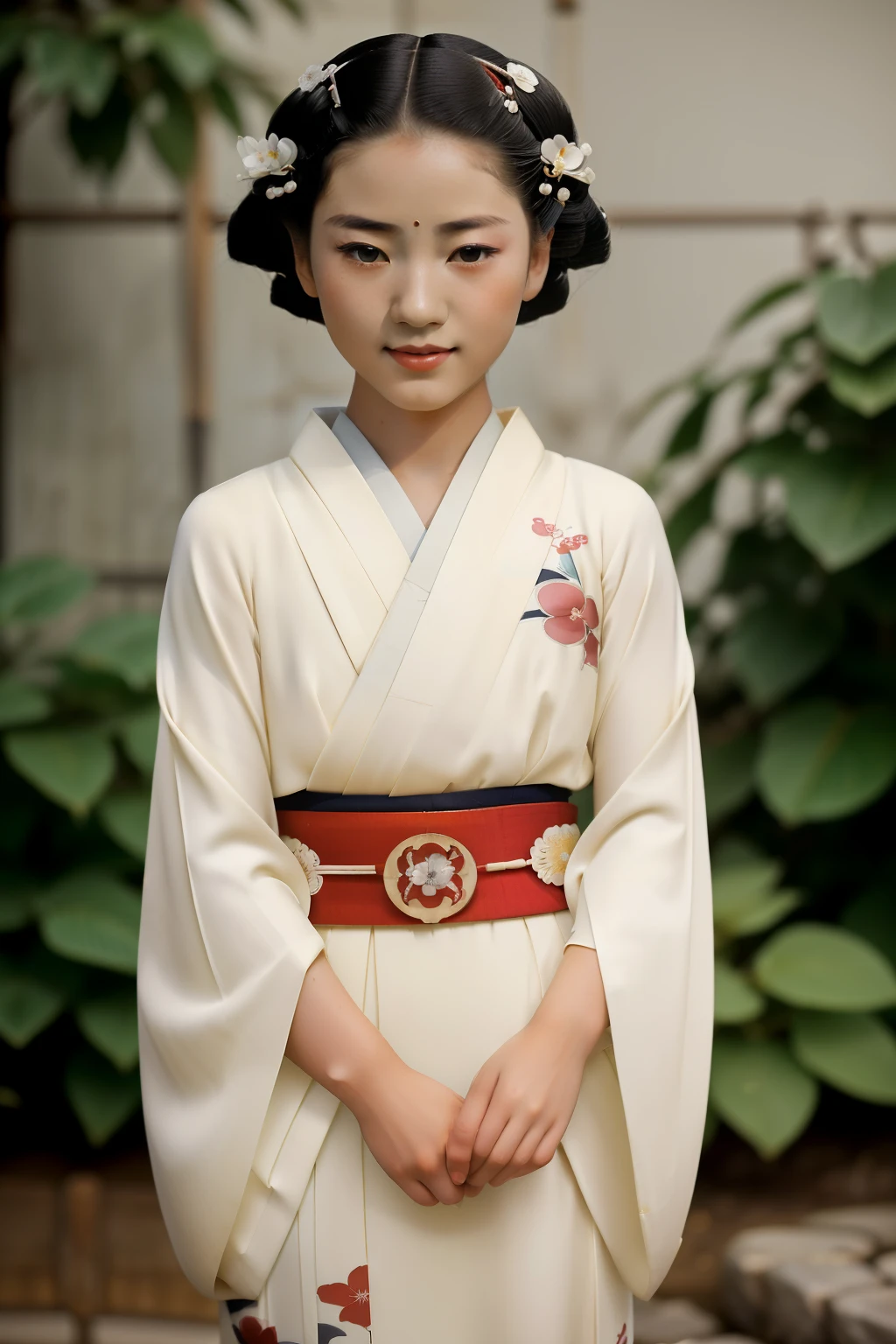 Kioto, 1934. A young ((((14-year-old)) Sayuri)), strikingly beautiful, delicate facial features, porcelain skin, expressive eyes, in a garden, ((shy smile)), ((((geisha clothings from the 1930s)))), ((geisha hairstyle of the 1930s)), colorful