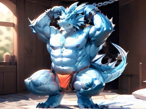 (((detailed eyes, detailed face))), (furry, dragon), male, (plump:1.4), (red fundoshi, topless), standing, (arms above head, restrain, cuff \(restraint\), chains), smile BREAK (konzaburou, ukan_muri, cute), bedroom, 8k, UHD, masterpiece, (full body), big black nipples, crouching