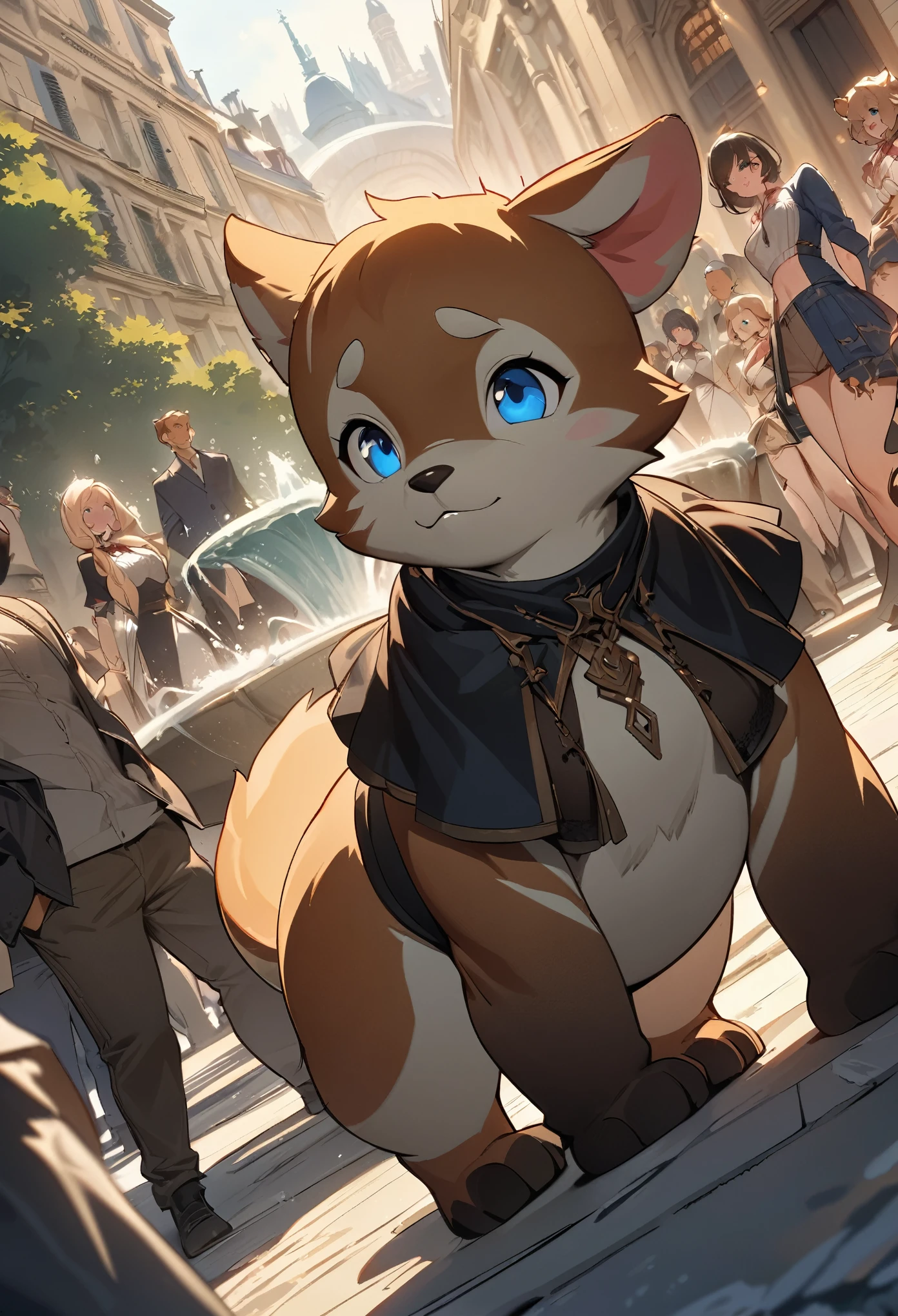 top quality, best quality, High-quality illustrations, masterpiece, super high resolution, detailed background, Streets of Paris, The fountain, 6+boys, 6+girls, absurdres(highly detailed beautiful face and eyes)perfect anatomy, expression, good lighting, cinematic shadow(kemono, furry anthro)assorted poses, dynamic angle,