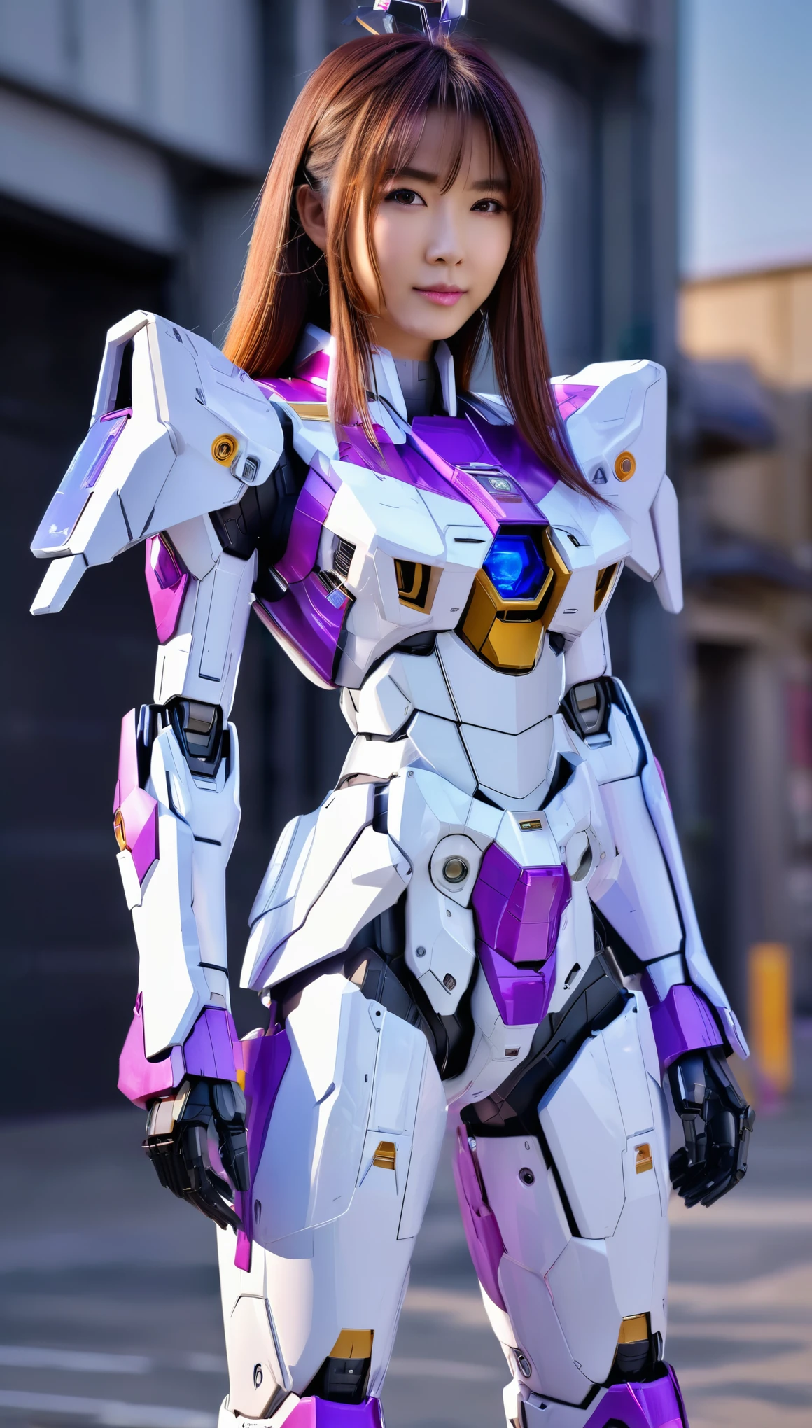 RAW, Masterpiece, Ultra Fine Photo,, Best Quality, Ultra High Resolution, Photorealistic, Sunlight, Full Body Portrait, Stunningly Beautiful,, Dynamic Poses, Delicate Face, wearing a mecha detector glass future transparent neon, Vibrant Eyes, a full body of a woman in a purple and white gundam custume, dybamic pose, long brown very very long hair rapunzel, girl in mecha cyber armor, portrait armored astronaut girl, d. va from overwatch, female mecha, on a gundam, gundam head, chiho aoshima color scheme, mobile suit, streamlined purple armor, fully robotic!! girl, realistic cosplay, gundam armor (dynamic pose) , full body, sit down, full body