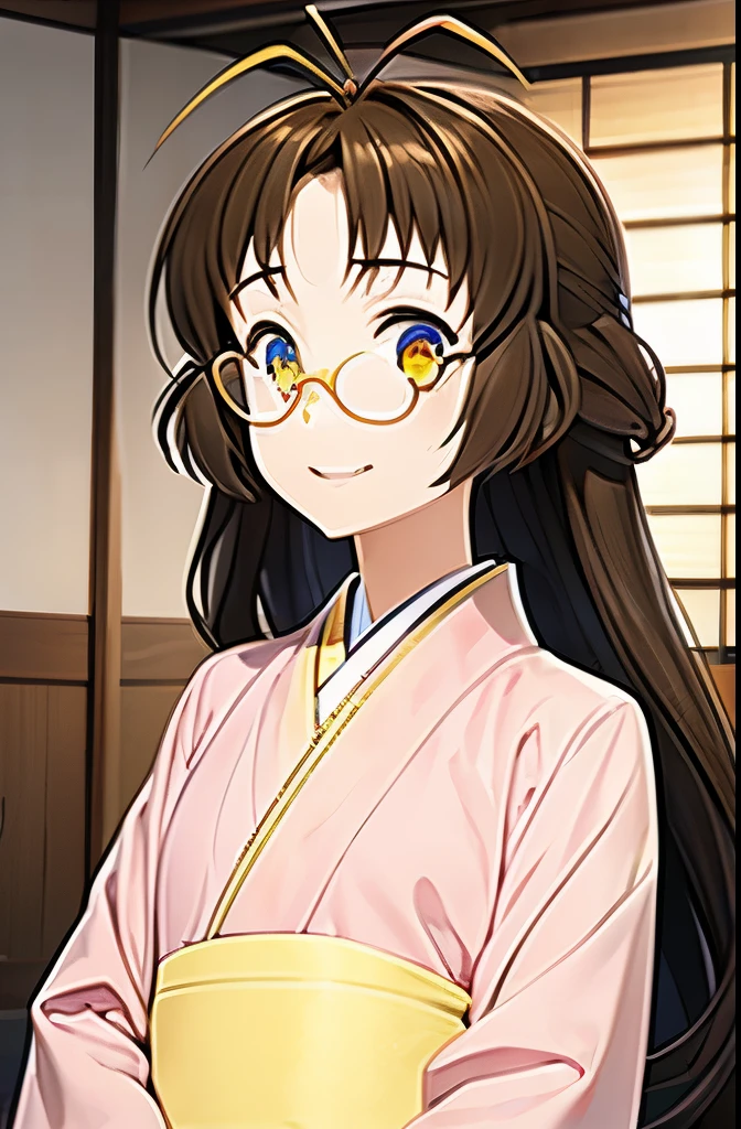 itsuka,parted bangs,sidelocks, yellow eyes,antenna hair, ,brown low-tied long hair, small round glasses, pink kimono,yellow obi,smile,