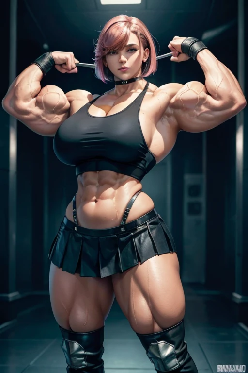 ((((Massive tall, beautiful, buff, wet, brown skinned muscular goddess woman with shocking pink hair, ginormous bulky muscles, bicep flex, wearing a black sports bra, black pleated skirt, suspenders and black boot)))), close view, (massive muscles), ginormous biceps, (ginormous muscle arms), hyper muscle triceps, (wet skin), (angled bob cut), (iron gauntlets), black thigh high socks, red eyes, choker, in Midgar , confidant smile, night,