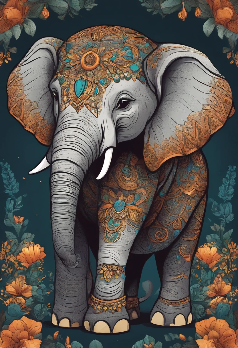 Draw a cute and detailed cartoon image of an elephant hugging a
