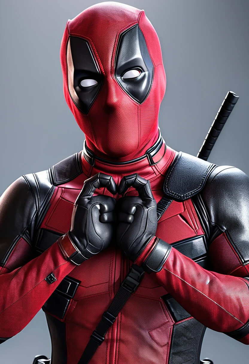 highres, realistic, Deadpool showing a heart shape with his hands, detailed eyes and face, red and black color scheme, action pose, vibrant colors, comic book style, dynamic lighting, detailed costume and muscles, sharp focus