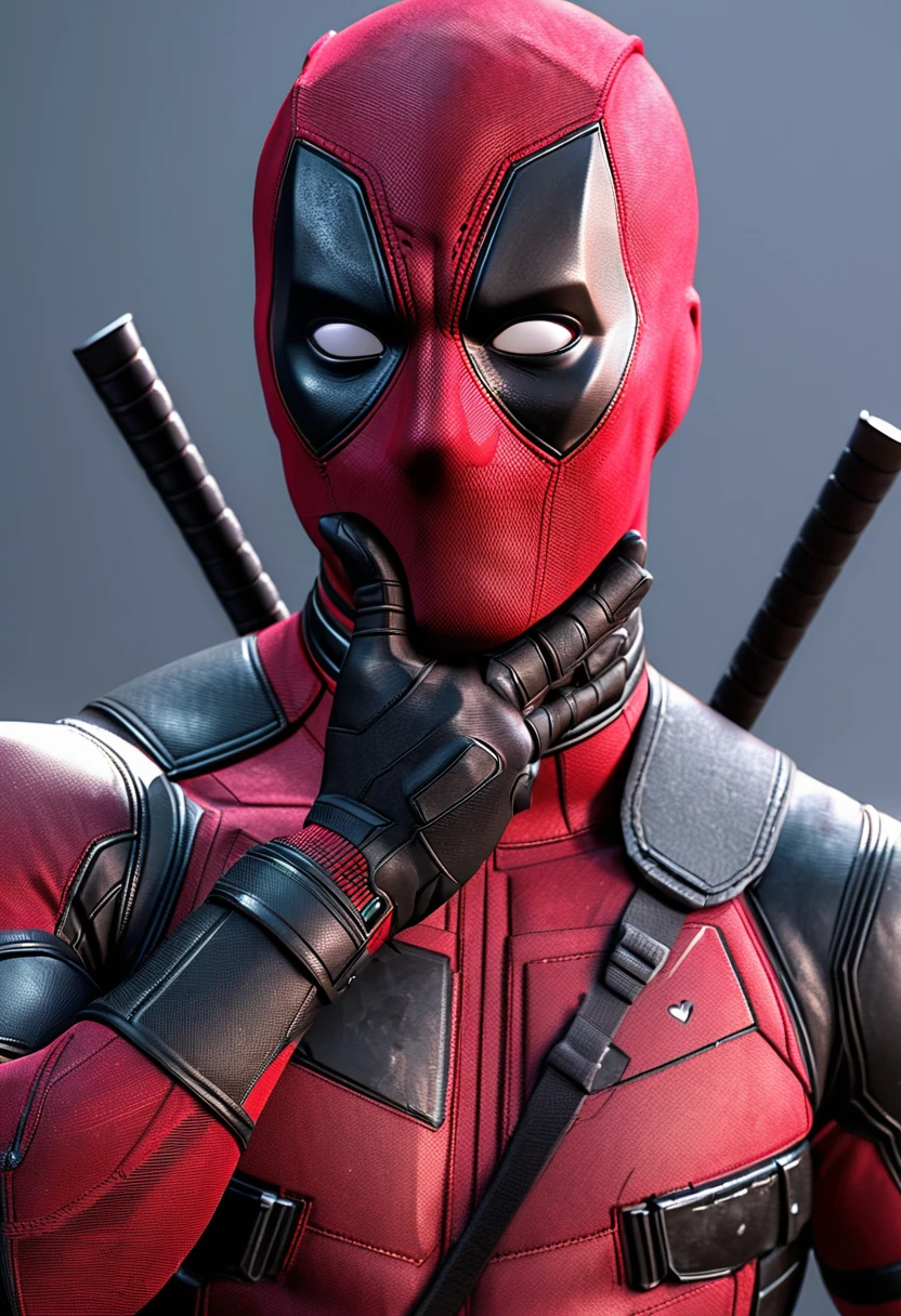 highres, realistic, Deadpool showing a heart shape with his hands, detailed eyes and face, red and black color scheme, action pose, vibrant colors, comic book style, dynamic lighting, detailed costume and muscles, sharp focus