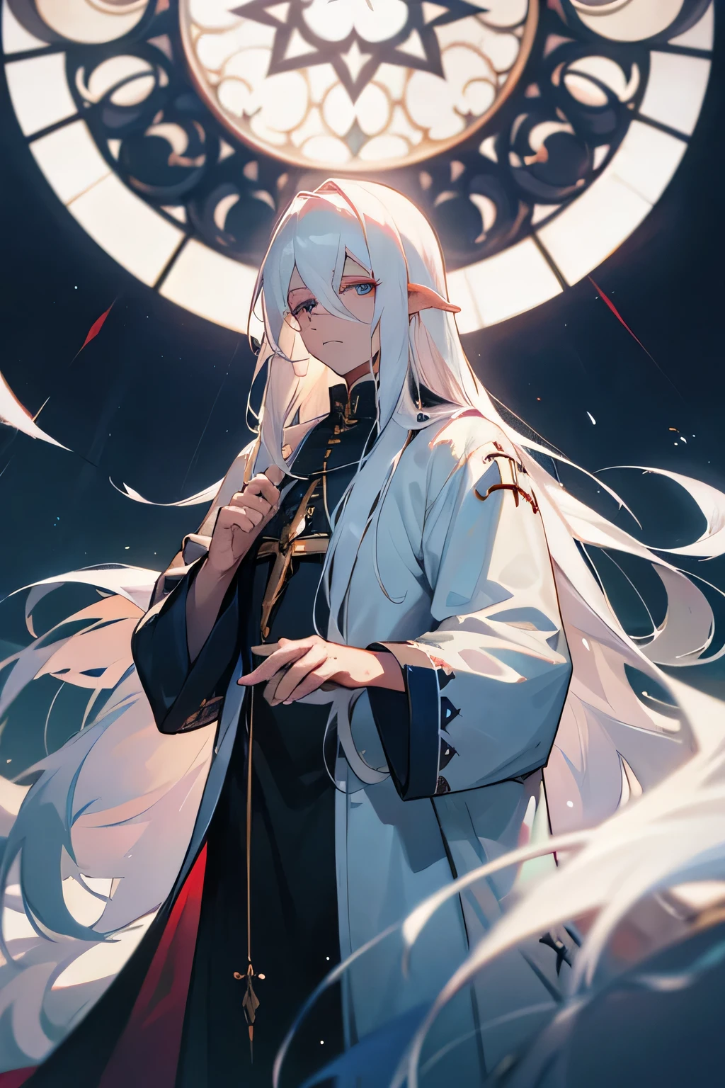 Aasimar, White hair, Man, long hair, priest